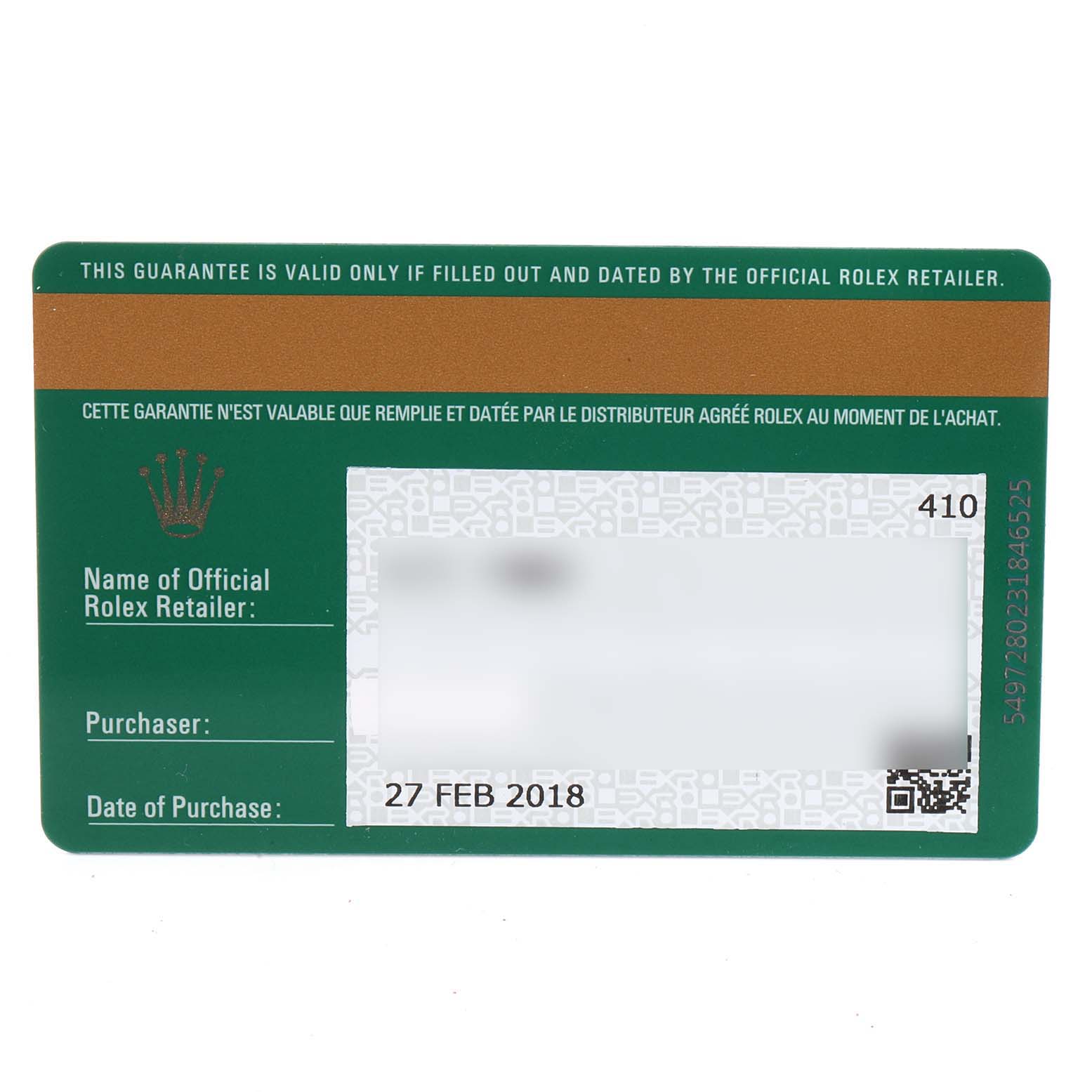 This image shows the warranty card for a Rolex Datejust 179384 Women's Stainless Steel Pink Dial 179384 Women's Stainless Steel Pink Dial watch.