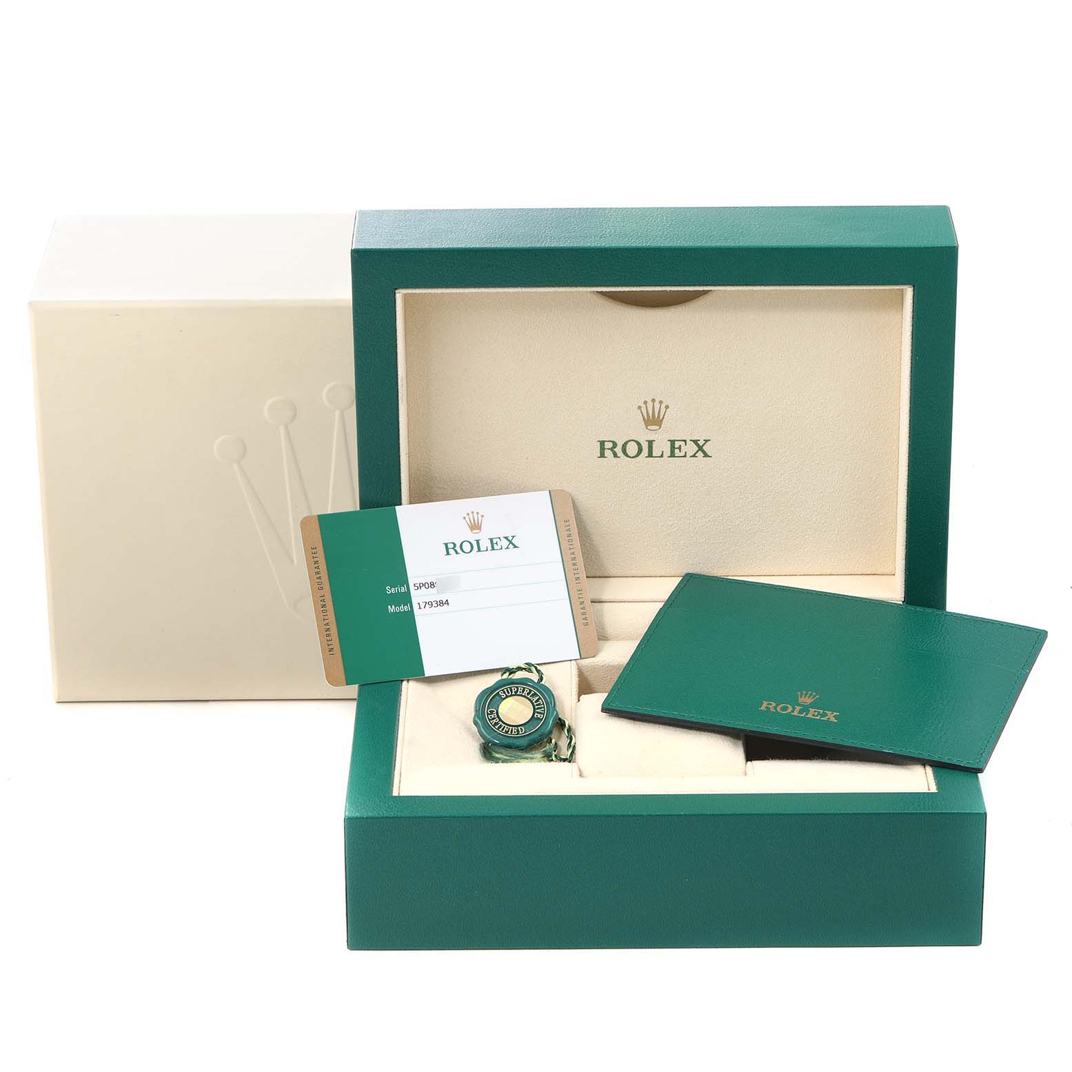 The image shows the Rolex Datejust 179384 Women's Stainless Steel Pink Dial 179384 Women's Stainless Steel Pink Dial watch packaging, including the box, warranty card, and booklet from a frontal angle.