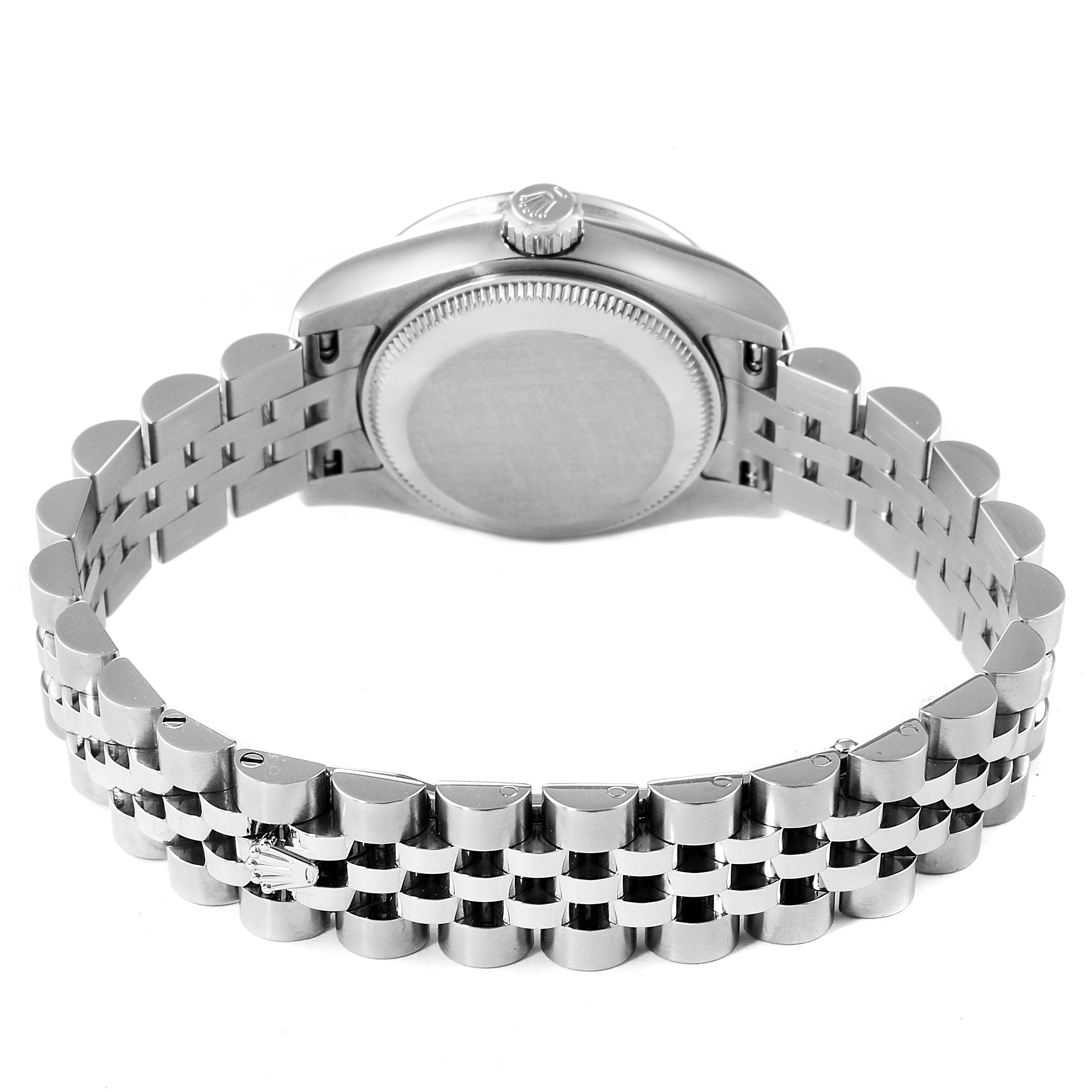 The image shows the back case and bracelet of a Rolex Datejust 179384 Women's Stainless Steel Pink Dial 179384 Women's Stainless Steel Pink Dial watch from a rear angle.