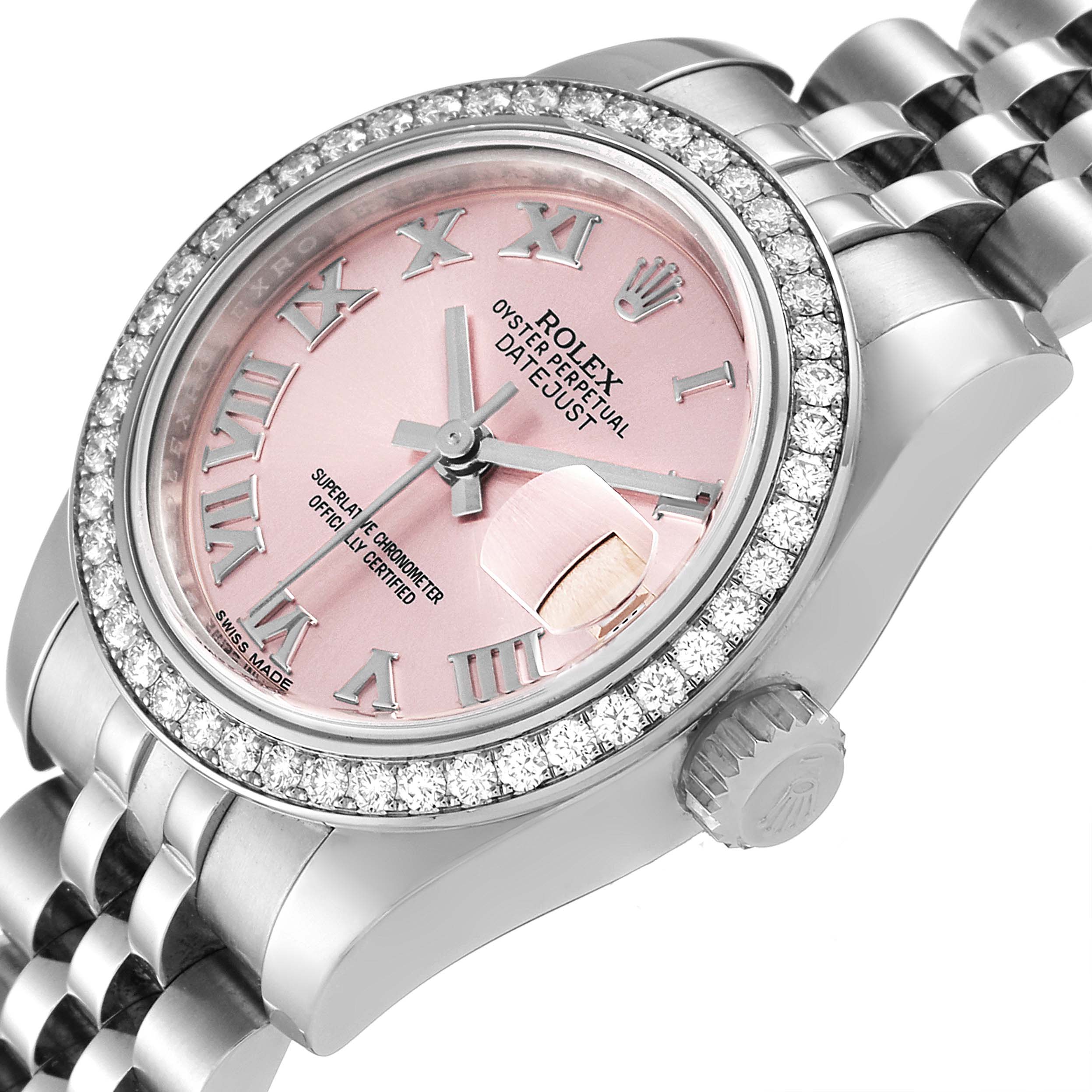 This image shows a side angle of the Rolex Datejust 179384 Women's Stainless Steel Pink Dial 179384 Women's Stainless Steel Pink Dial watch, highlighting its pink dial, diamond bezel, and jubilee bracelet.