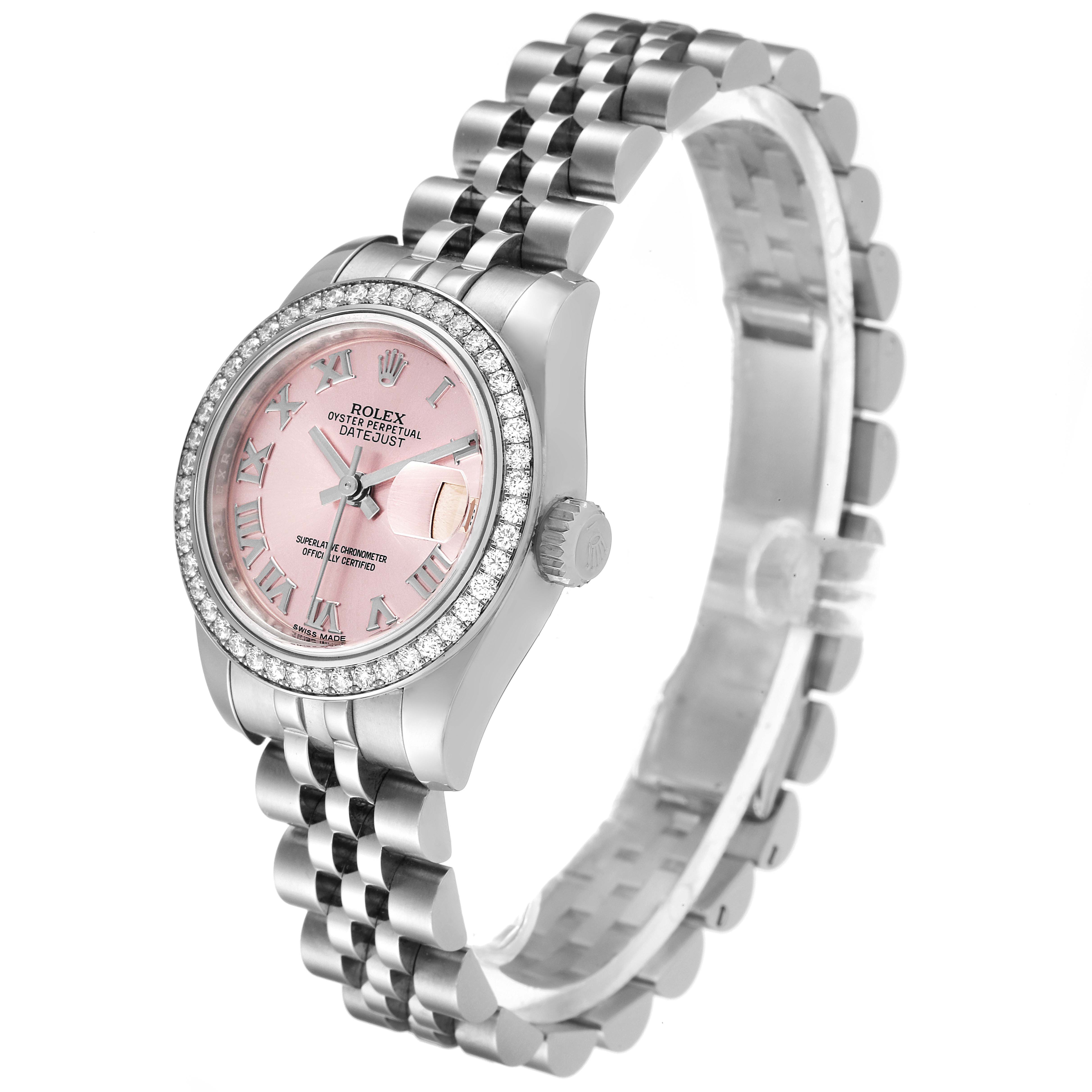 The image shows a Rolex Datejust 179384 Women's Stainless Steel Pink Dial 179384 Women's Stainless Steel Pink Dial watch at a slight angle, highlighting the pink dial, bezel, case, and Jubilee bracelet.