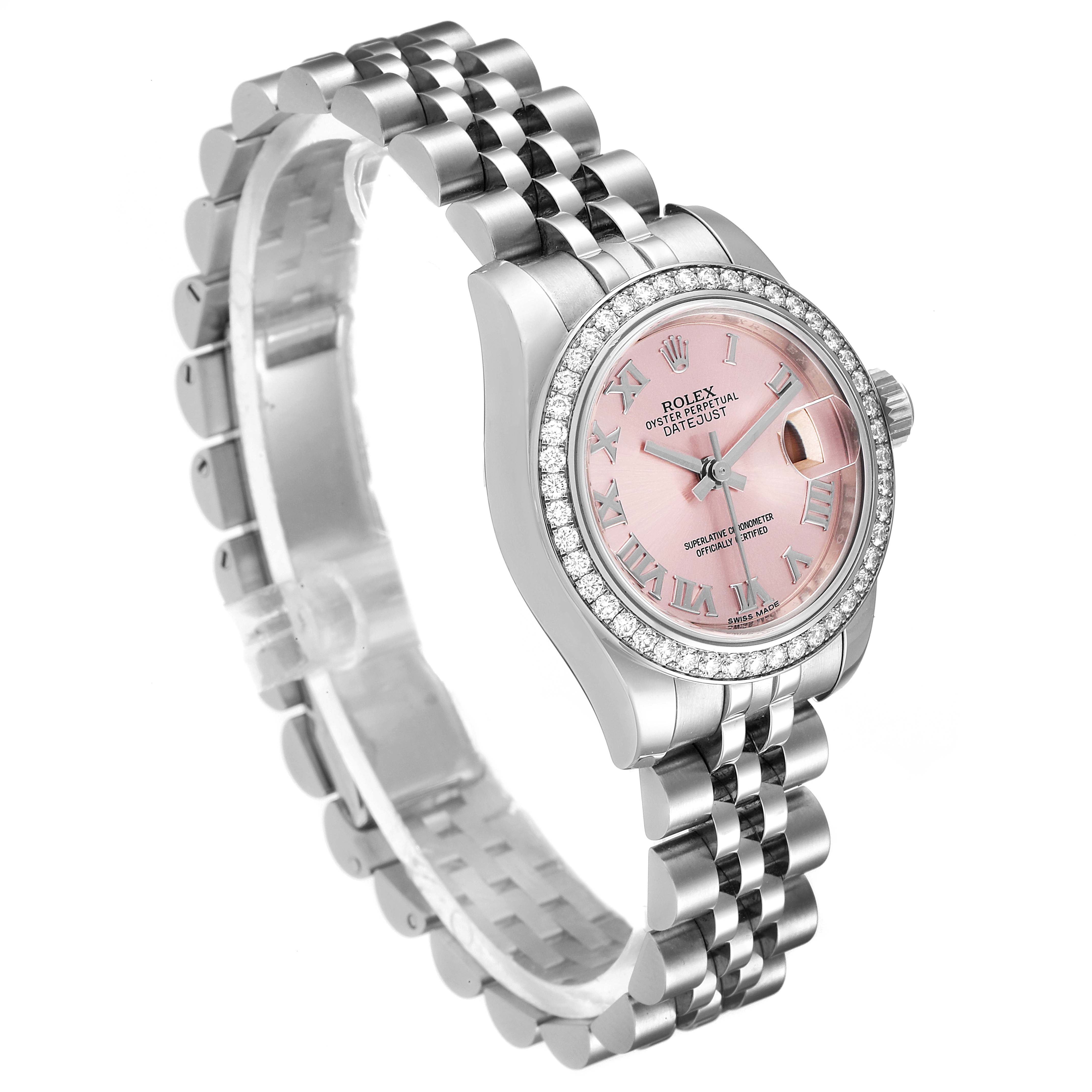 This image shows a Rolex Datejust 179384 Women's Stainless Steel Pink Dial 179384 Women's Stainless Steel Pink Dial watch from an angled side view, highlighting the pink dial, bezel with diamonds, and Jubilee bracelet.