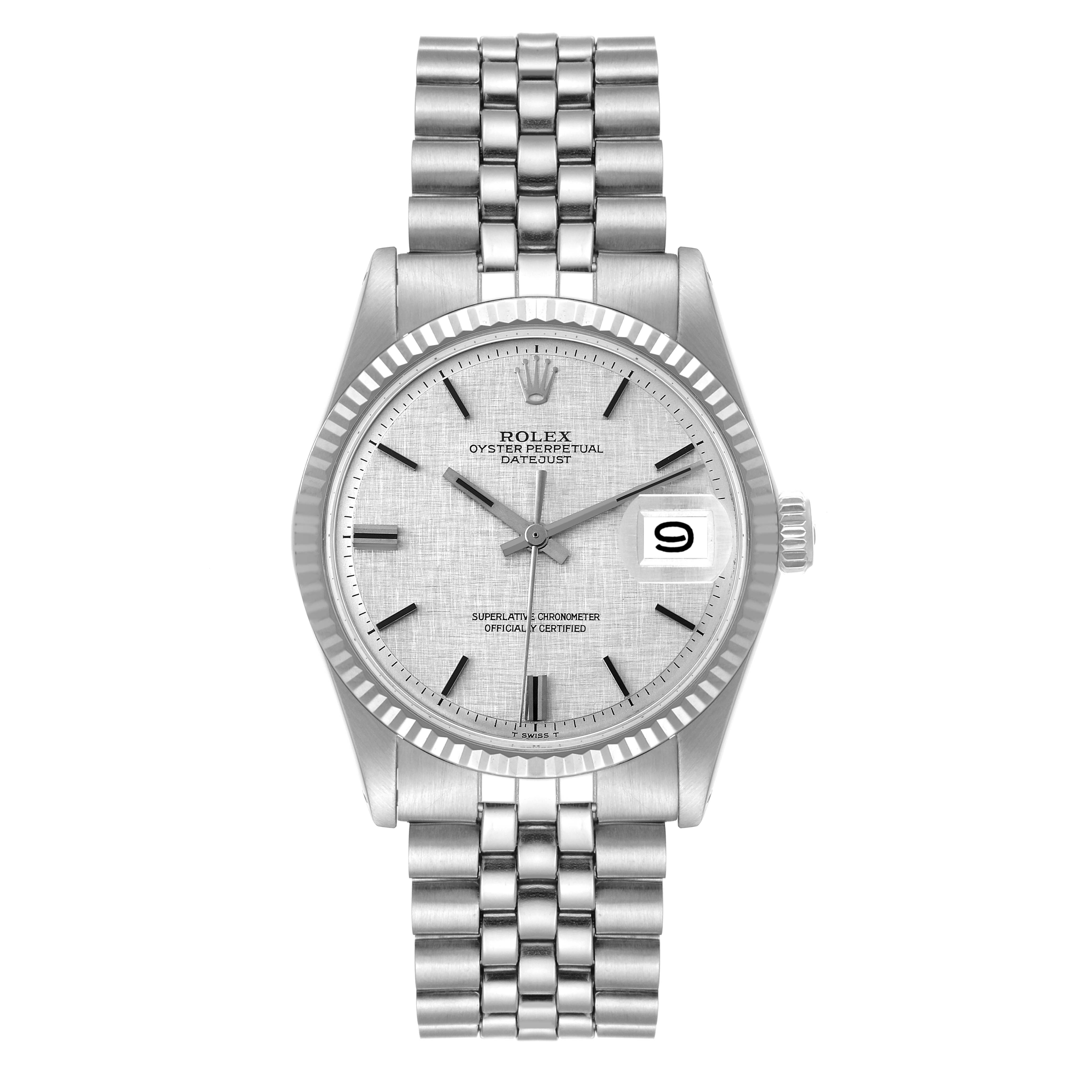 The image shows a front view of the Rolex Vintage Collection 1601 Men
s Stainless Steel Silver Dial 1601 Men
s Stainless Steel Silver Dial Oyster Perpetual Datejust, displaying its dial, bezel, and bracelet.