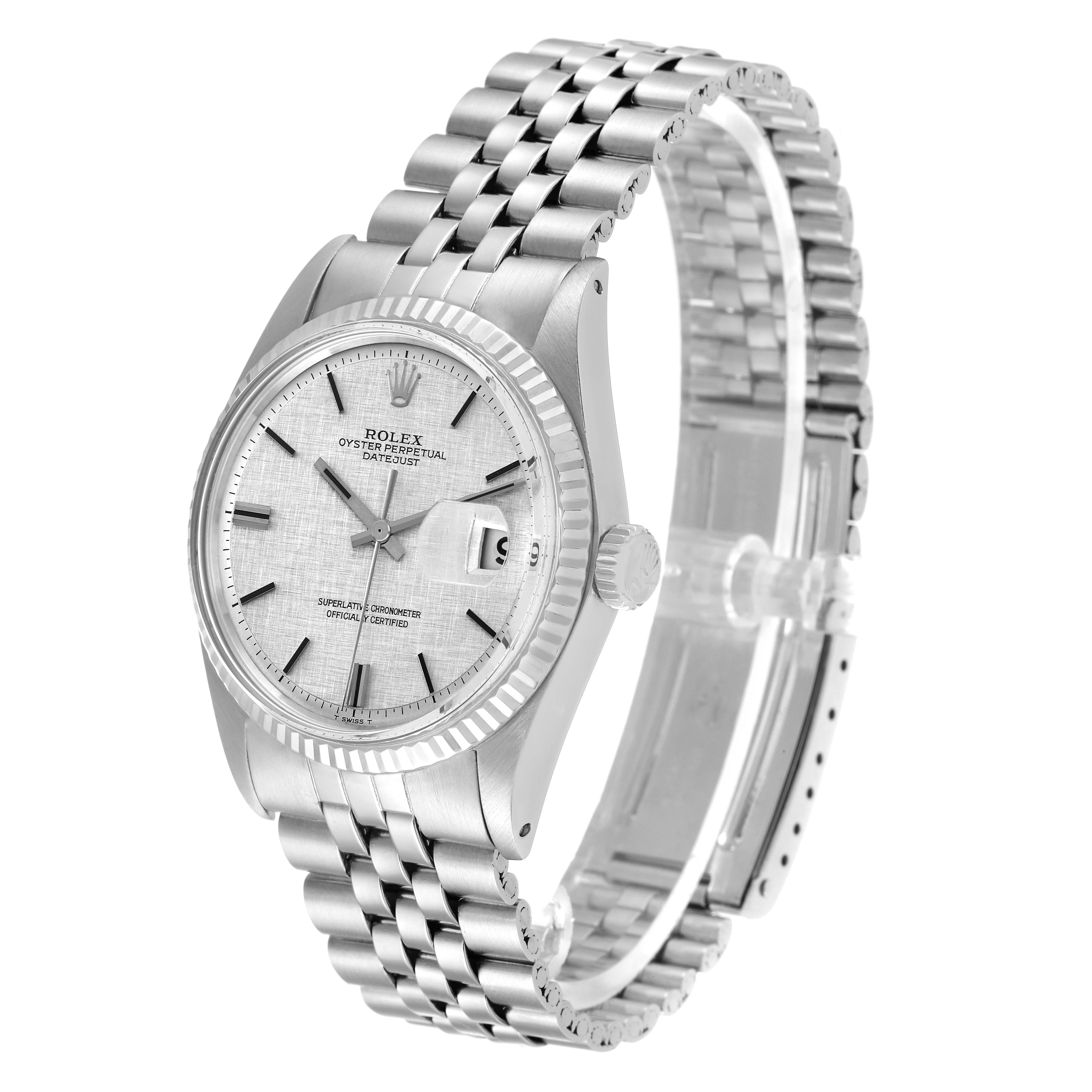 The image shows a front angled view of the Rolex Vintage Collection 1601 Men
s Stainless Steel Silver Dial 1601 Men
s Stainless Steel Silver Dial model, showcasing the face, bezel, crown, and bracelet.