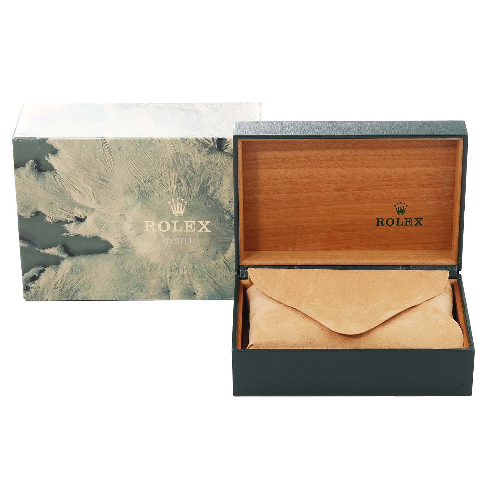 The image shows the packaging of a Rolex Vintage Collection 1601 Men
s Stainless Steel Silver Dial 1601 Men
s Stainless Steel Silver Dial watch, including the outer box and an open wooden inner box with a suede pouch.