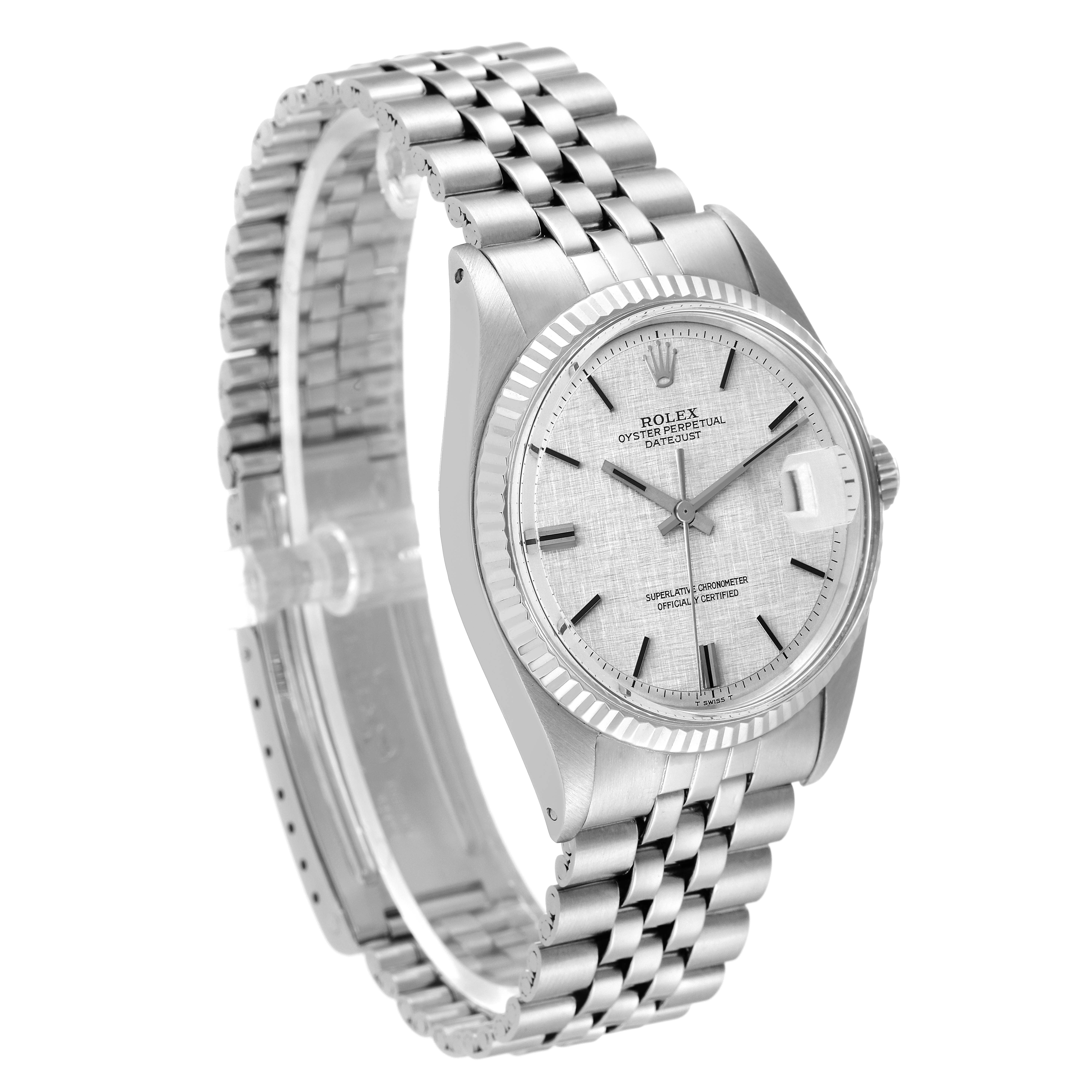 The image shows a diagonal view of a Rolex Vintage Collection 1601 Men
s Stainless Steel Silver Dial 1601 Men
s Stainless Steel Silver Dial watch, highlighting its face, bezel, crown, and Jubilee bracelet.