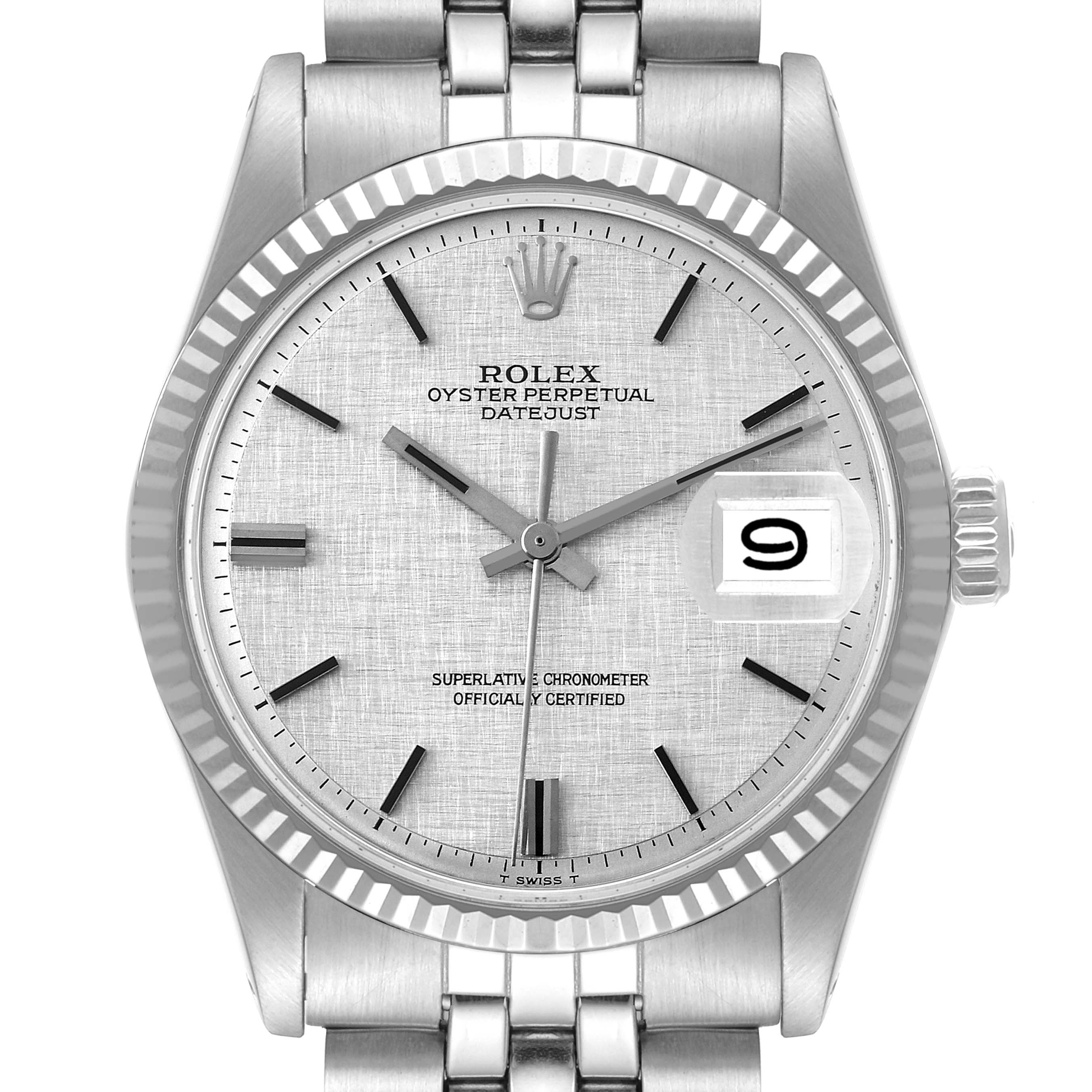 The image shows a front view of the Rolex Vintage Collection 1601 Men
s Stainless Steel Silver Dial 1601 Men
s Stainless Steel Silver Dial Oyster Perpetual Datejust, highlighting the dial, date window, and bracelet.