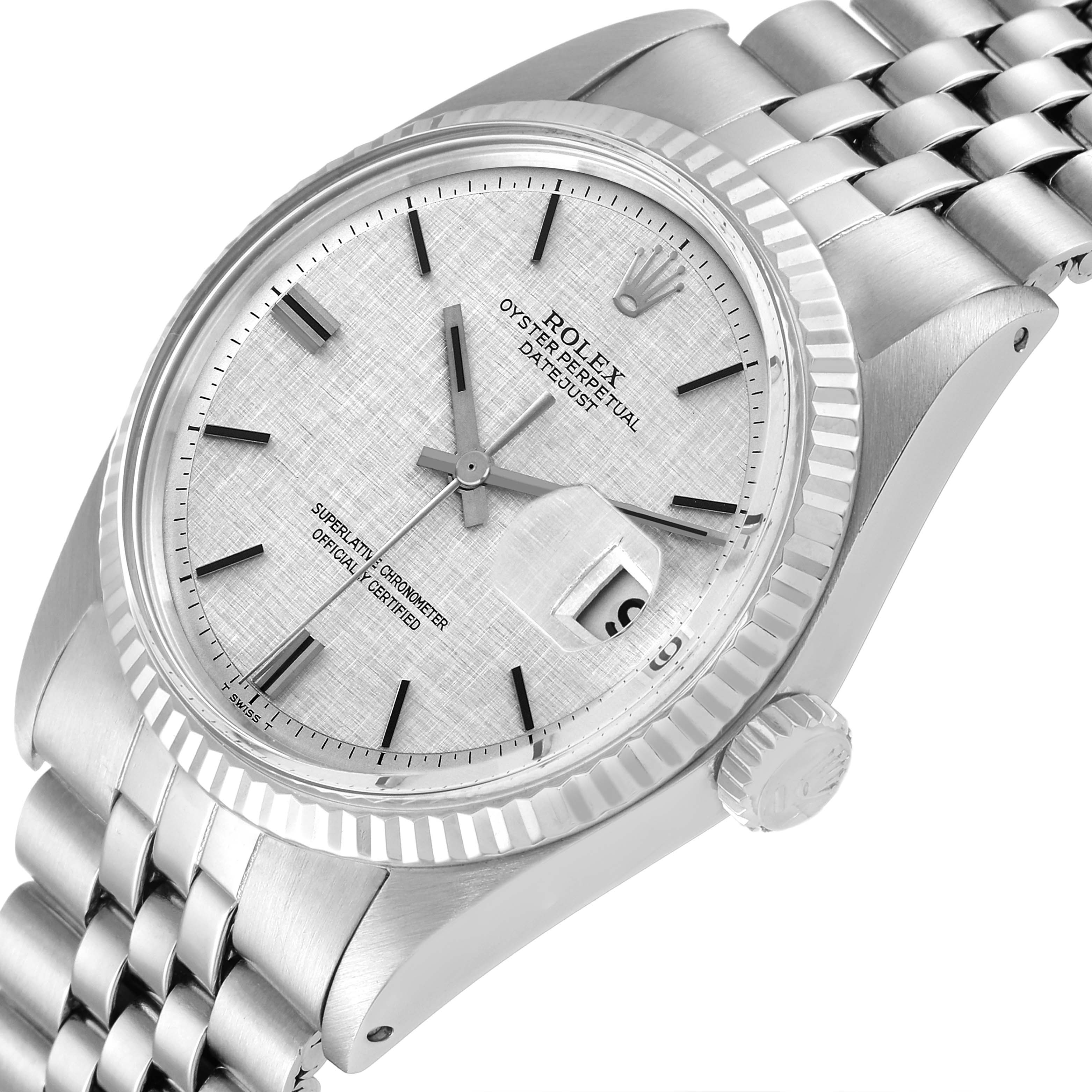 The image shows a close-up of a Rolex Vintage Collection 1601 Men
s Stainless Steel Silver Dial 1601 Men
s Stainless Steel Silver Dial watch at an angle, highlighting the dial, bezel, crown, and part of the bracelet.