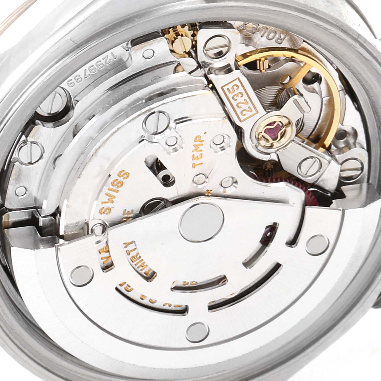 This image shows a close-up of the Rolex Datejust 79174 Women's Stainless Steel White Dial 79174 Women's Stainless Steel White Dial watch's movement, viewed from the back, revealing its intricate internal components.