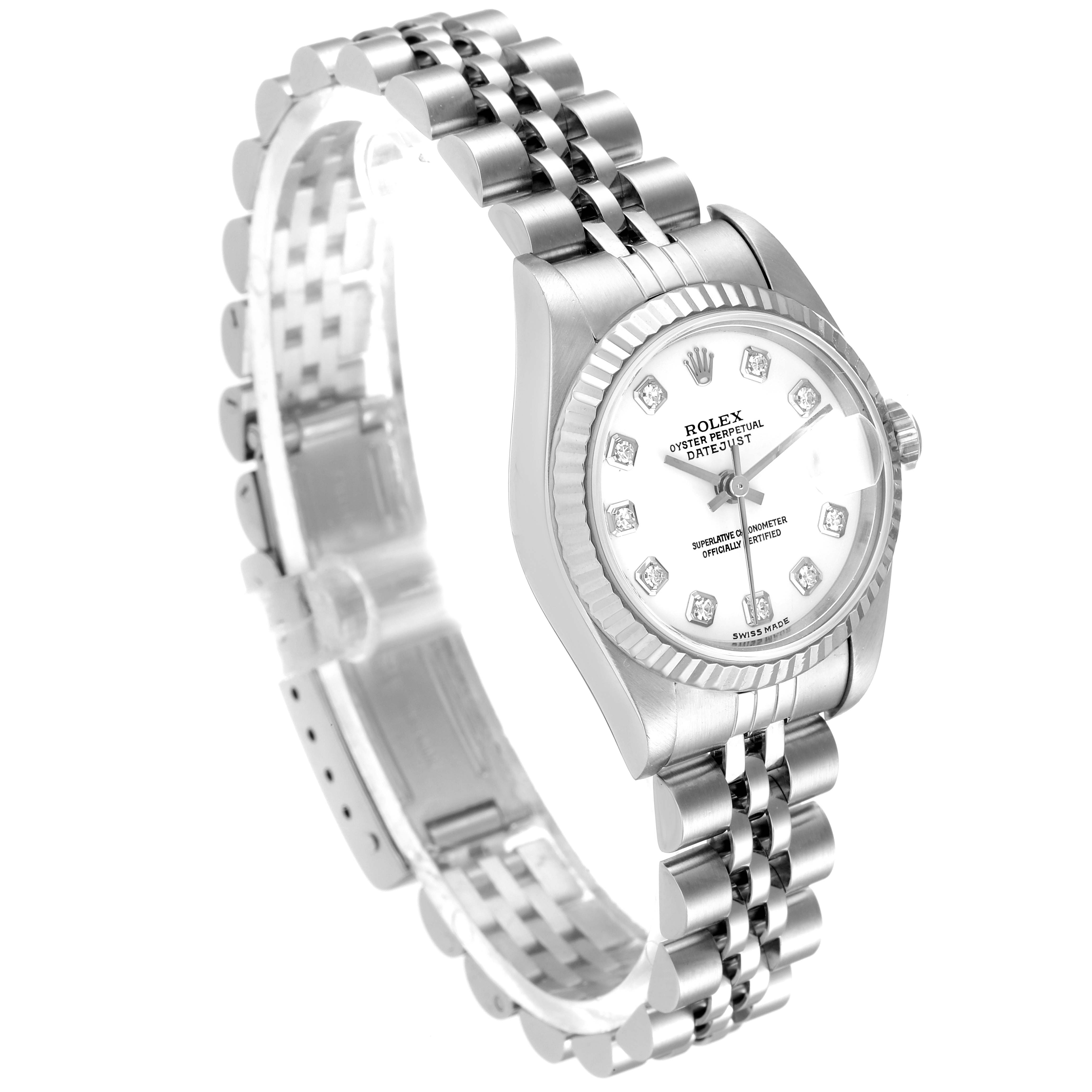 The image shows a Rolex Datejust 79174 Women's Stainless Steel White Dial 79174 Women's Stainless Steel White Dial watch at a 3/4 angle, highlighting its face, bezel, and Jubilee bracelet.