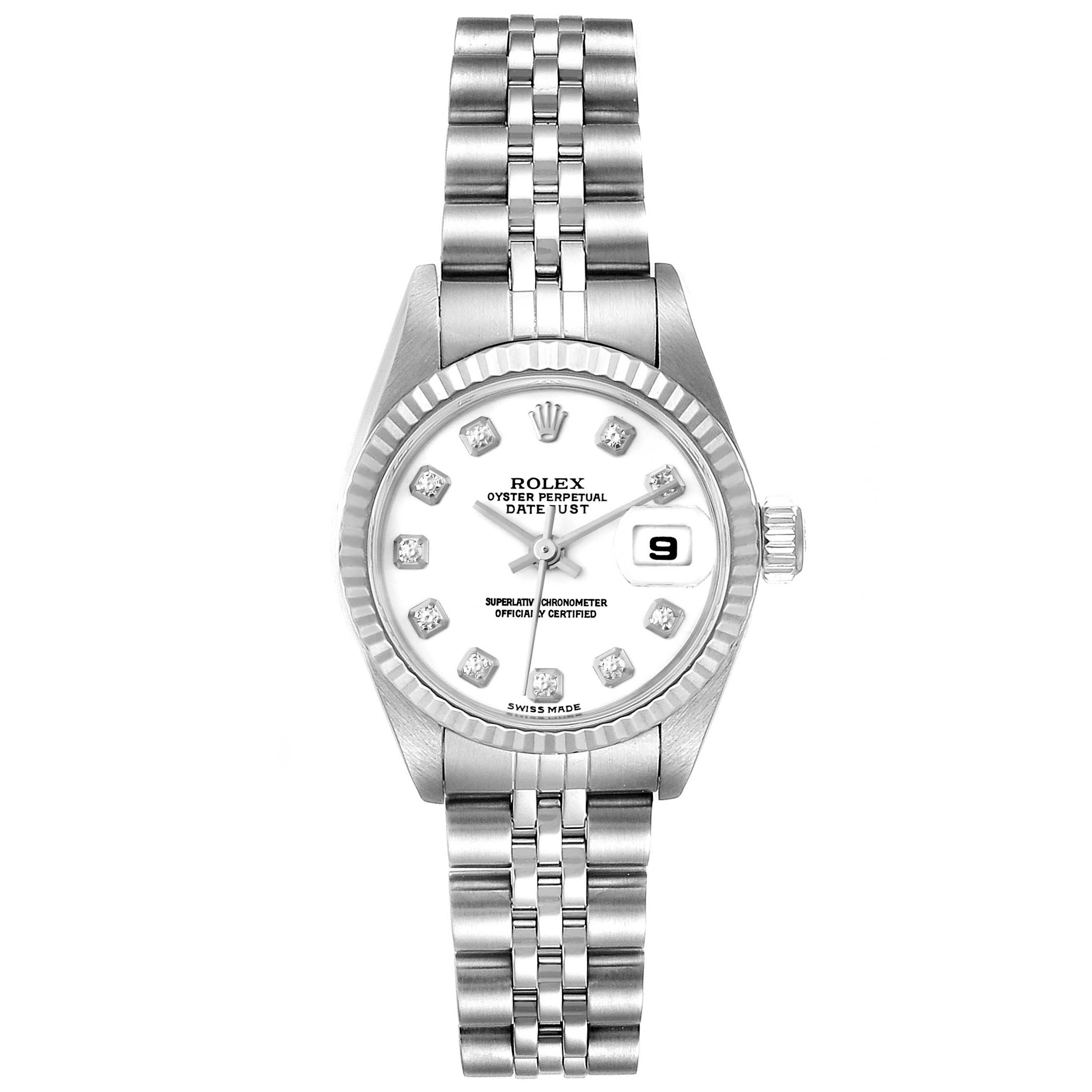 The image shows a top-down view of a Rolex Datejust 79174 Women's Stainless Steel White Dial 79174 Women's Stainless Steel White Dial watch, featuring the dial, bezel, crown, and bracelet.