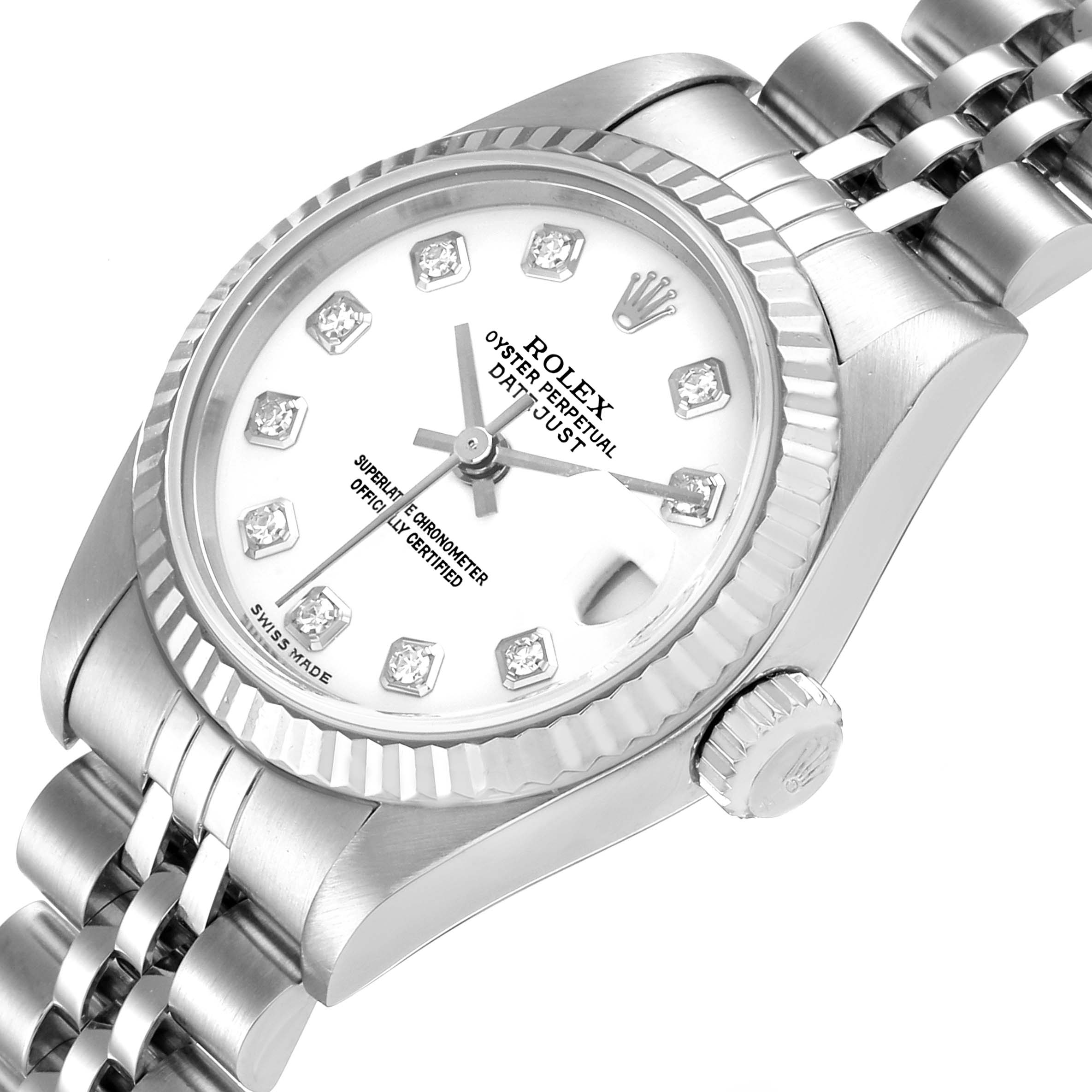 This image shows a Rolex Datejust 79174 Women's Stainless Steel White Dial 79174 Women's Stainless Steel White Dial watch from an angled top-down perspective, highlighting the face, bezel, crown, and part of the bracelet.