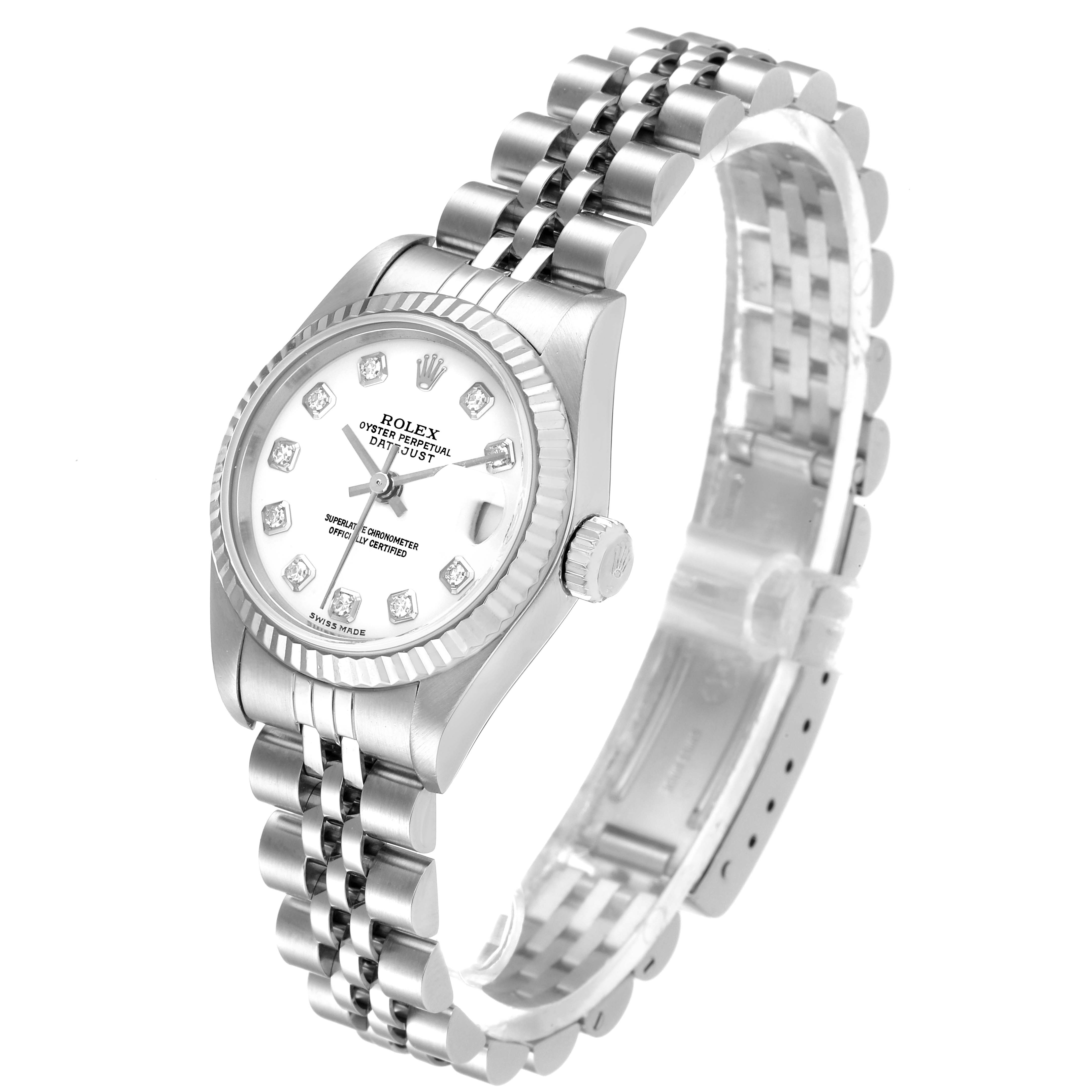 The image shows a Rolex Datejust 79174 Women's Stainless Steel White Dial 79174 Women's Stainless Steel White Dial watch from a front angle, highlighting its face, case, and jubilee bracelet.