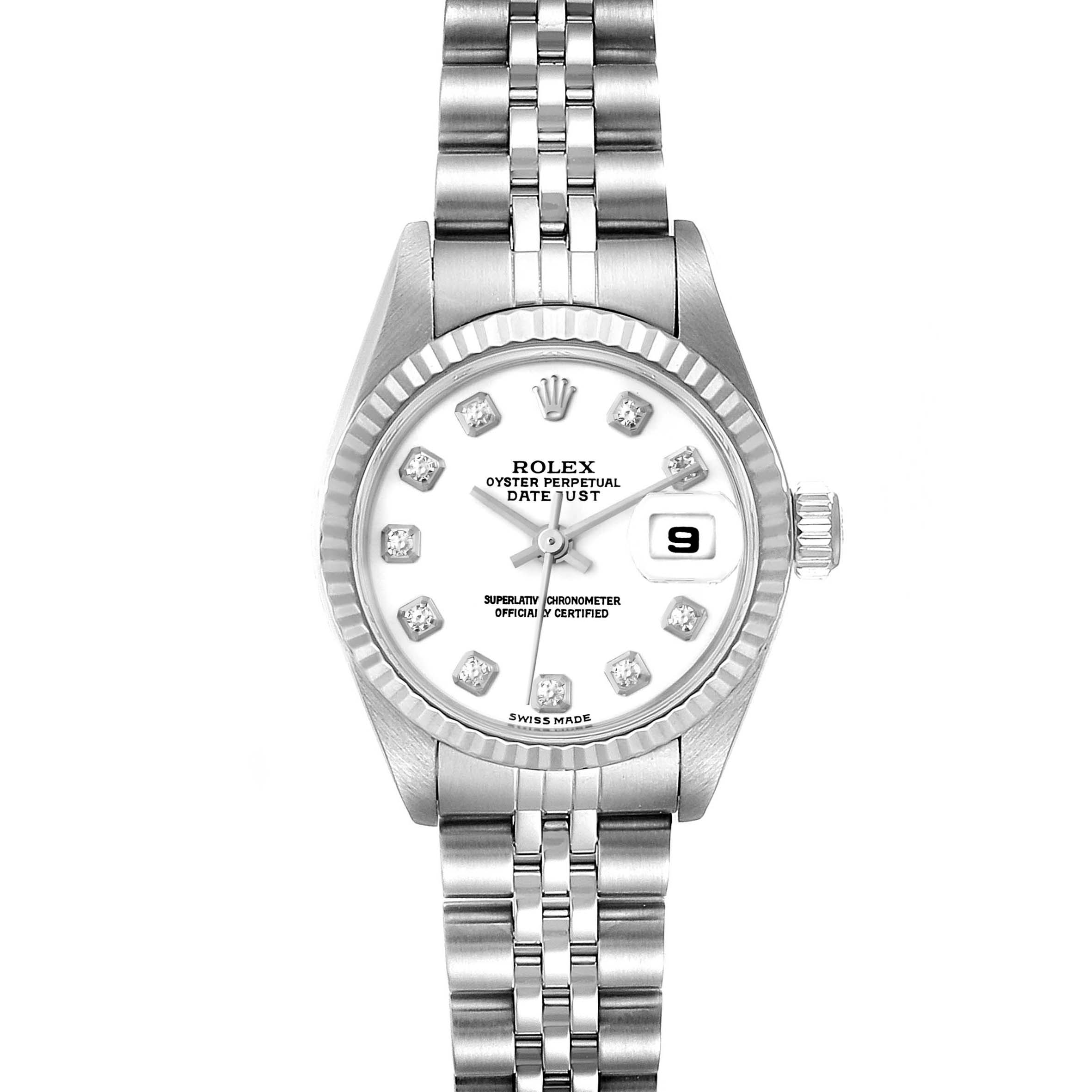 This image shows a front view of the Rolex Datejust 79174 Women's Stainless Steel White Dial 79174 Women's Stainless Steel White Dial watch, displaying its face, bezel, and bracelet.