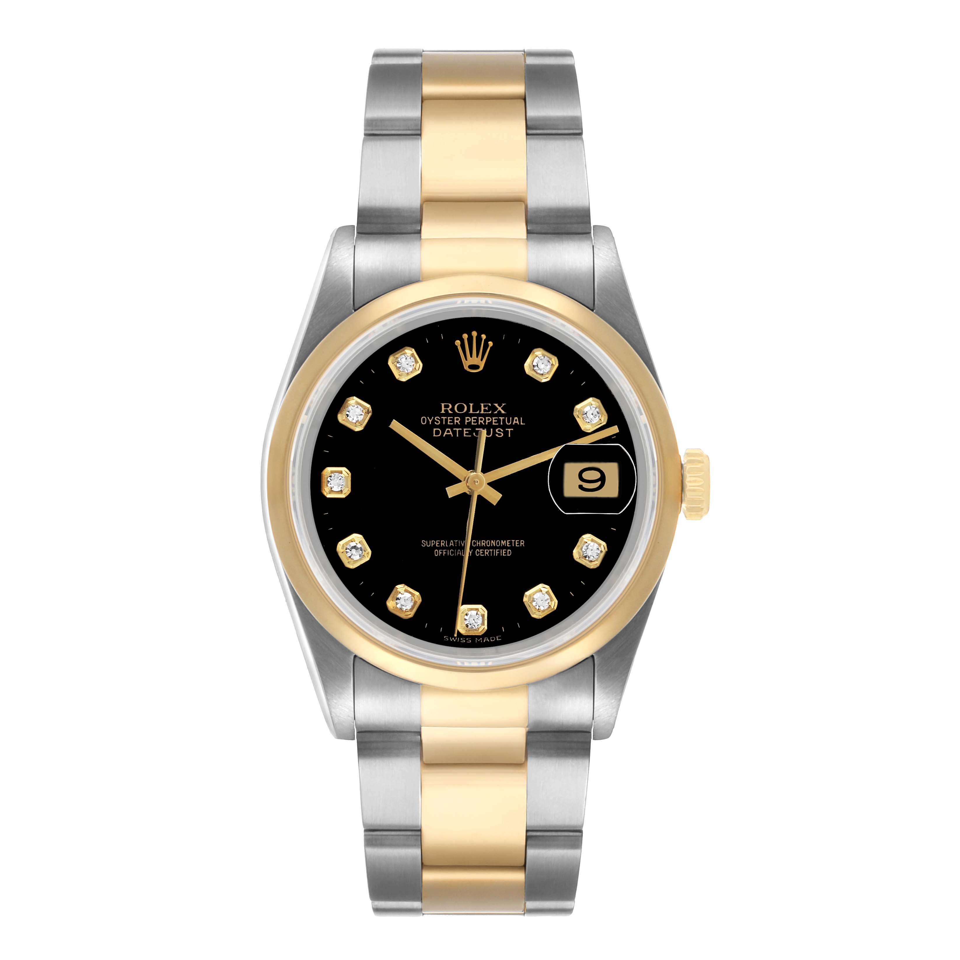 The Rolex Datejust 16203 Men's Steel and Gold (two tone) Black Dial watch is shown from a top view, highlighting the face, bezel, and two-tone bracelet.