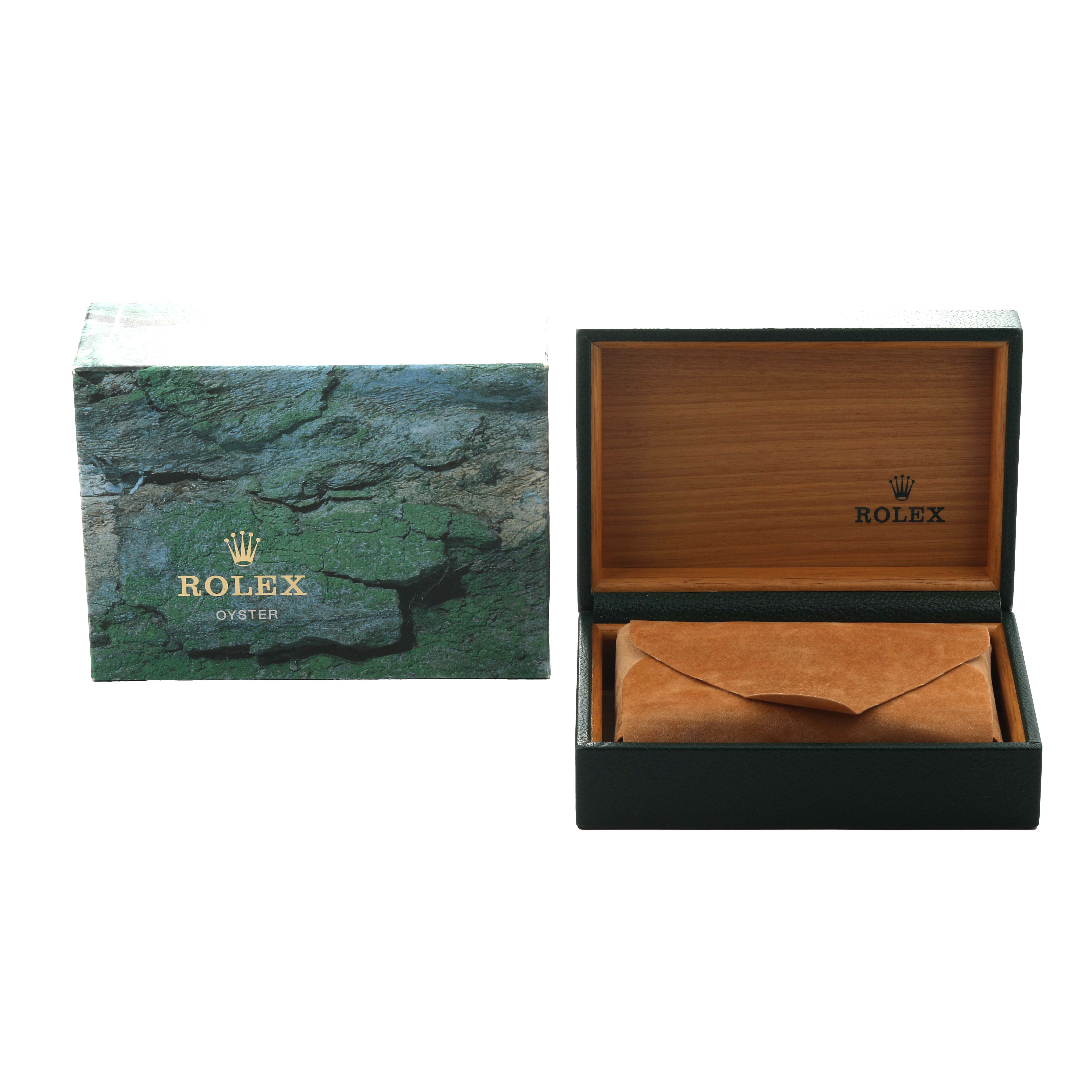 The image shows a closed Rolex Datejust 16203 Men's Steel and Gold (two tone) Black Dial box and an open box with a pouch inside, displaying the packaging accessories.