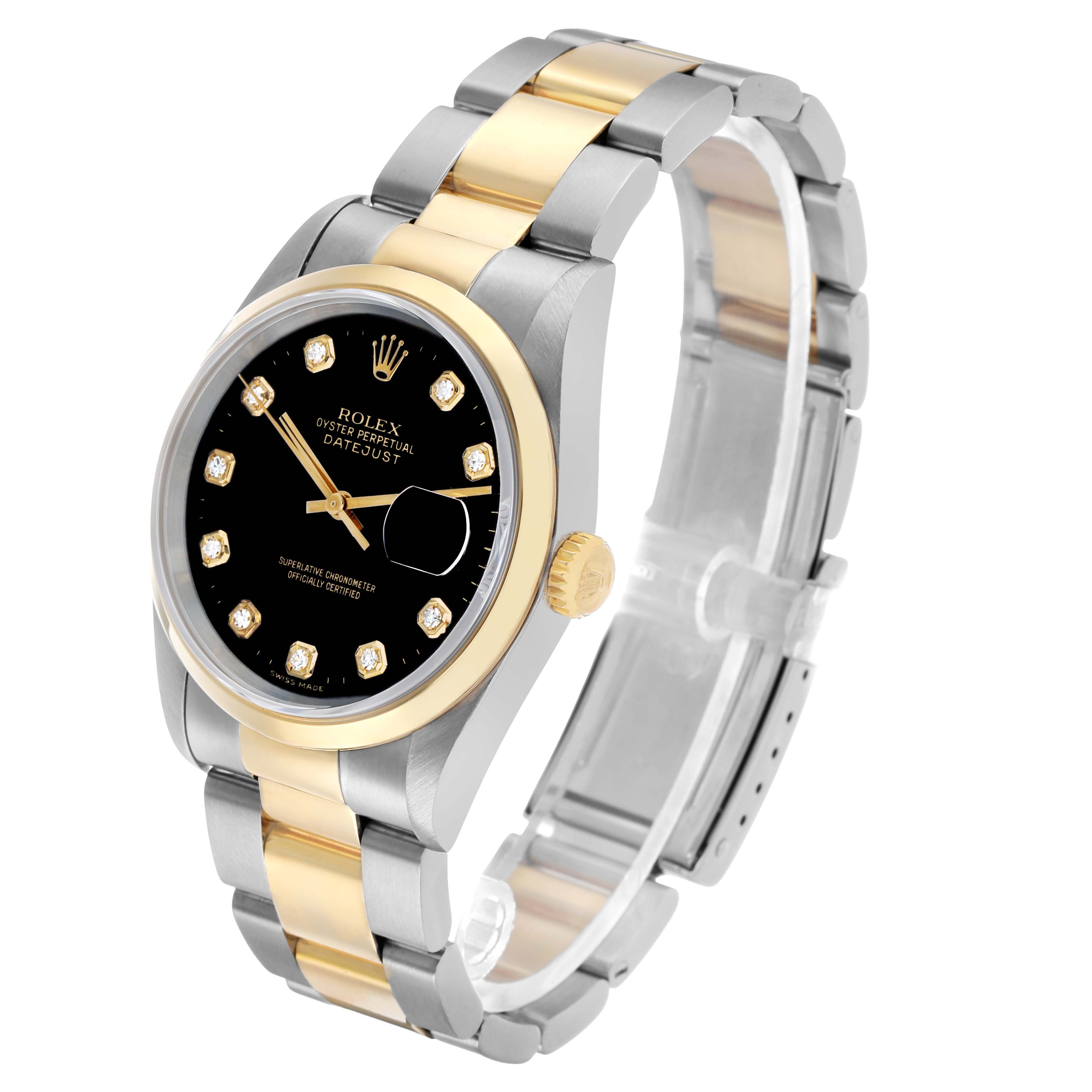 The Rolex Datejust 16203 Men's Steel and Gold (two tone) Black Dial watch is shown at an angled view, highlighting its gold and silver bracelet and black dial.