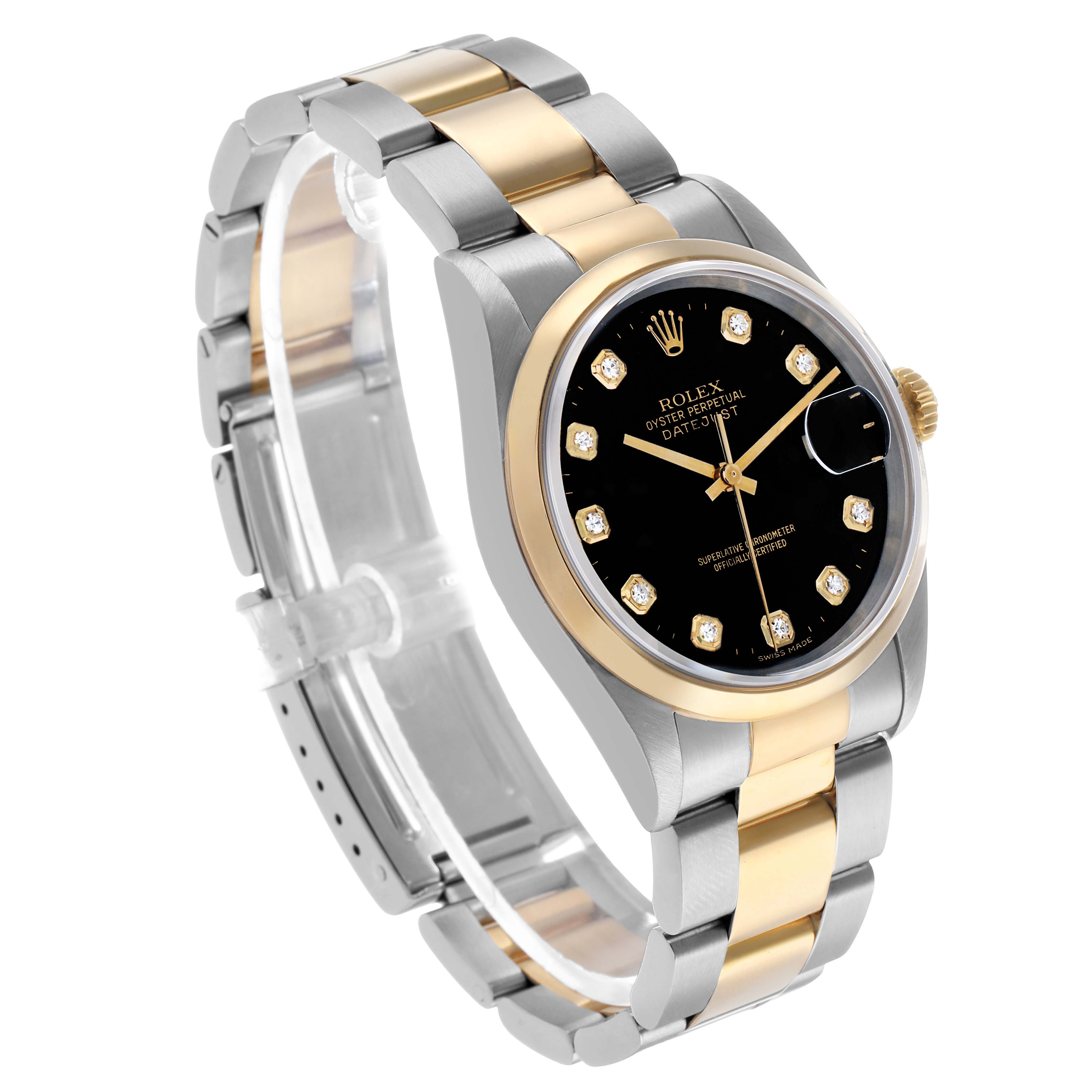 The Rolex Datejust 16203 Men's Steel and Gold (two tone) Black Dial is shown at a slight angle, highlighting its black dial, gold bezel, and two-tone bracelet.