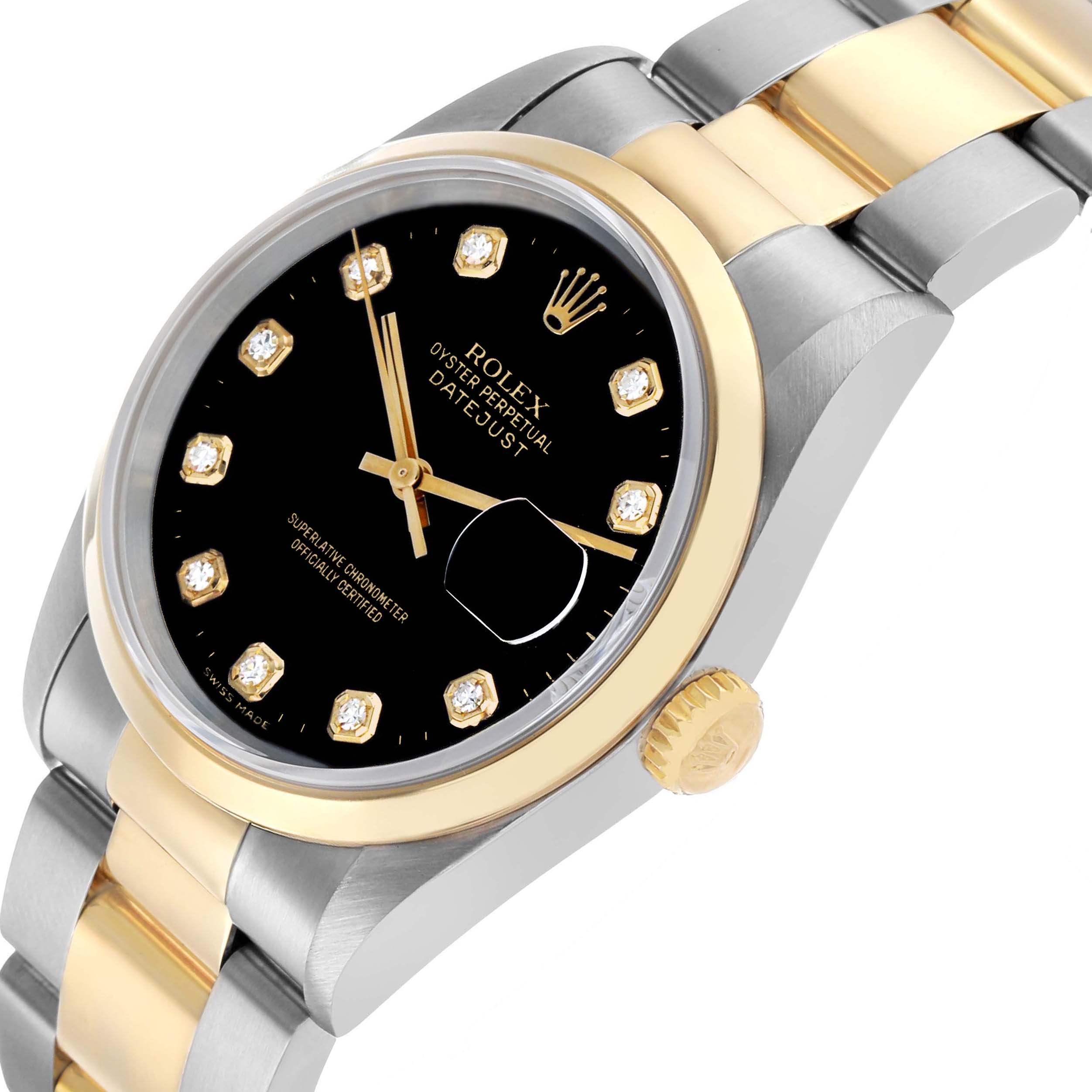 The Rolex Datejust 16203 Men's Steel and Gold (two tone) Black Dial watch is shown at an angle displaying the face, case, crown, and part of the bracelet.