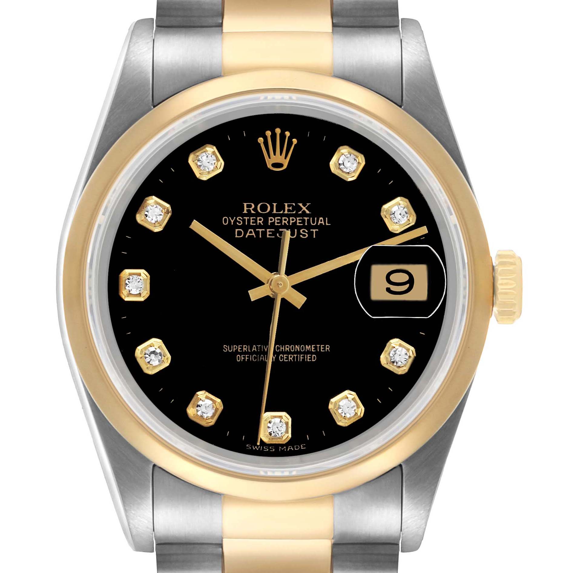 The Rolex Datejust 16203 Men's Steel and Gold (two tone) Black Dial watch is shown from a front angle, highlighting the dial, bezel, hands, and bracelet.