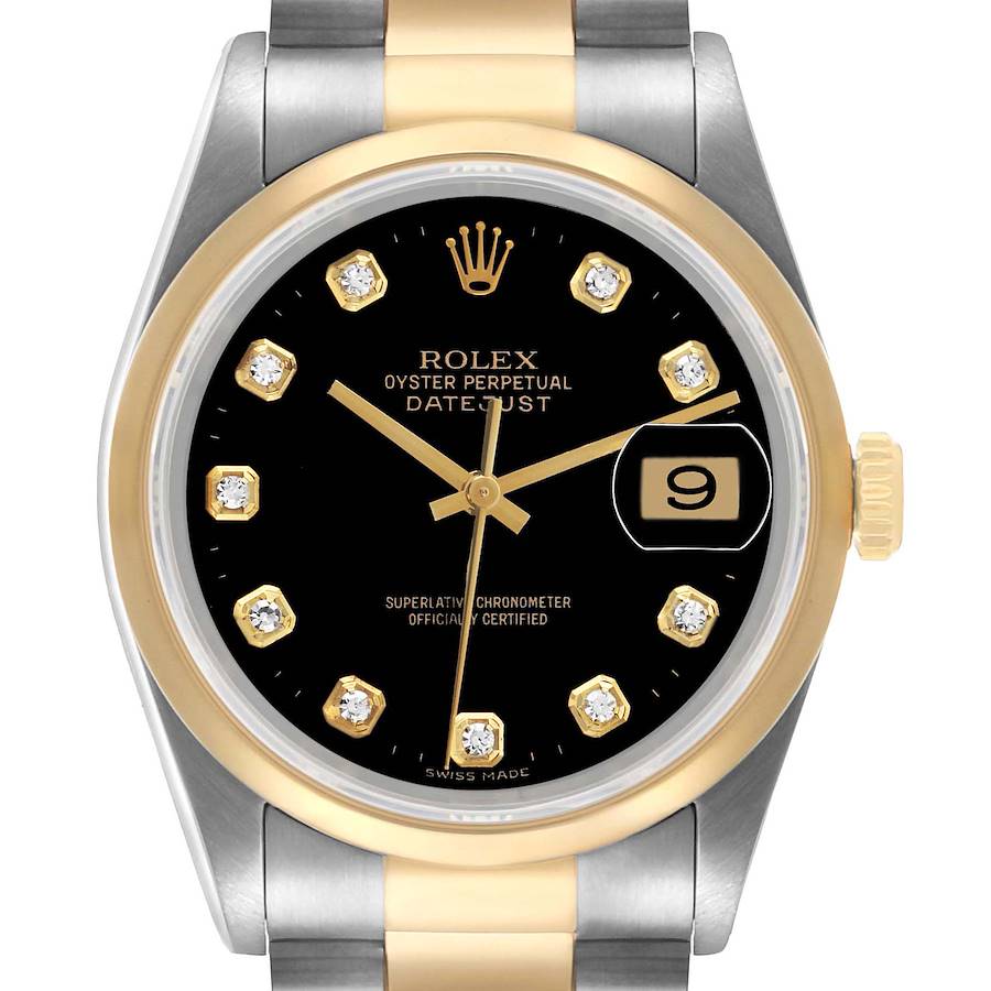 The Rolex Datejust 16203 Men's Steel and Gold (two tone) Black Dial watch is shown from a front angle, highlighting the dial, bezel, hands, and bracelet.