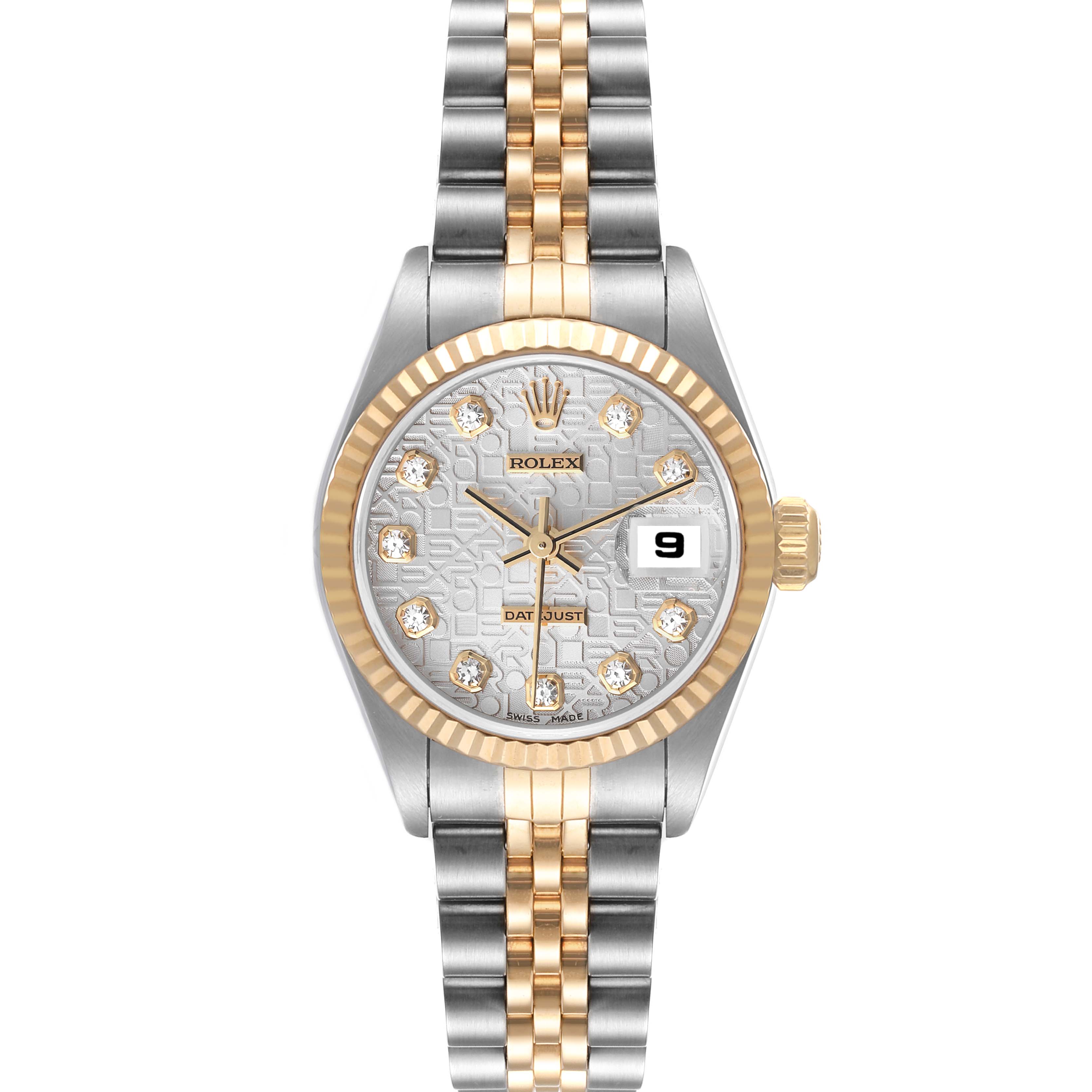 This image shows the front view of a Rolex Datejust 79173 Women's Steel and Gold (two tone) Silver Dial 79173 Women's Steel and Gold (two tone) Silver Dial watch, highlighting its dial, bezel, crown, and two-tone bracelet.