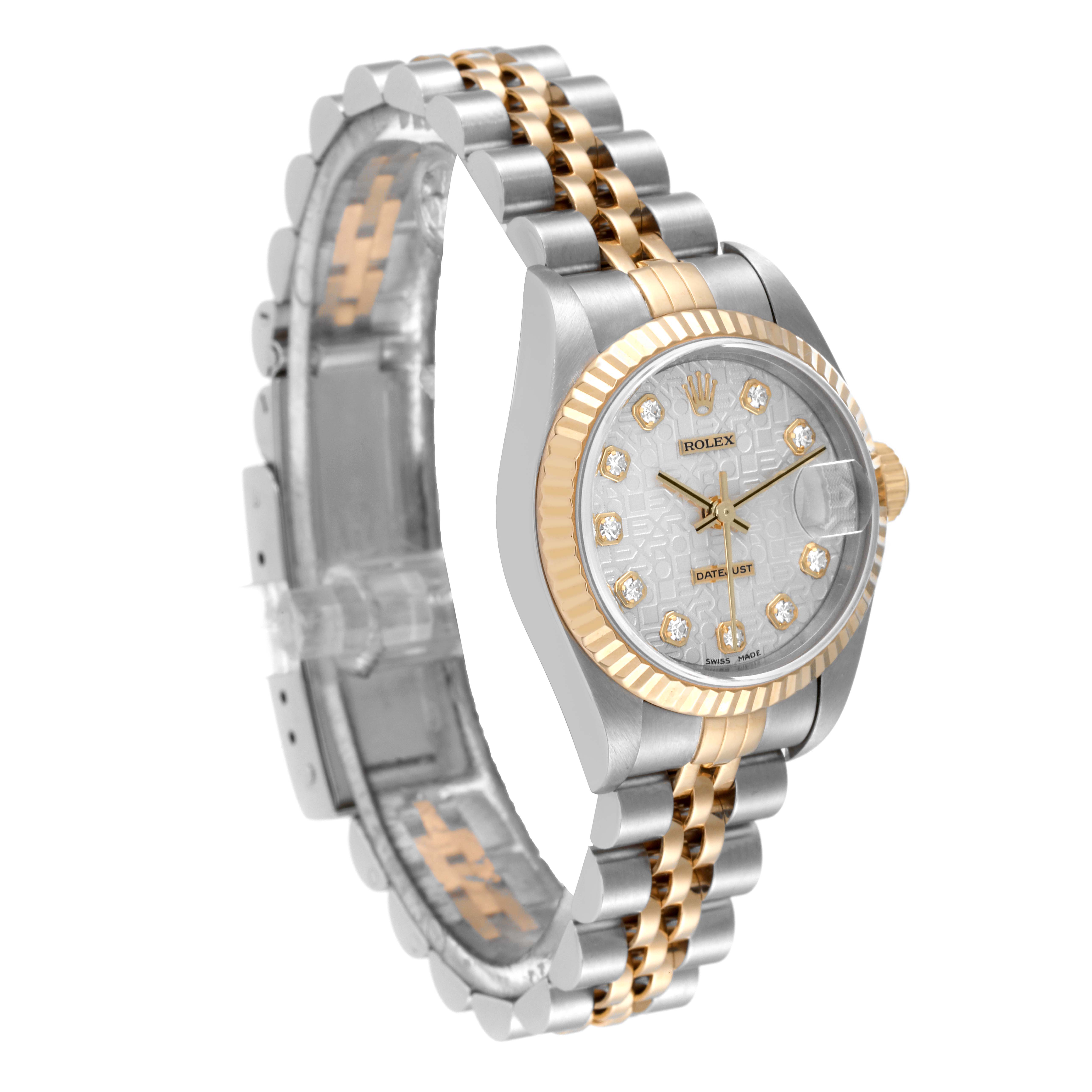 The Rolex Datejust 79173 Women's Steel and Gold (two tone) Silver Dial 79173 Women's Steel and Gold (two tone) Silver Dial watch is shown at an angle highlighting its gold and silver bracelet, fluted bezel, and diamond-accented dial.