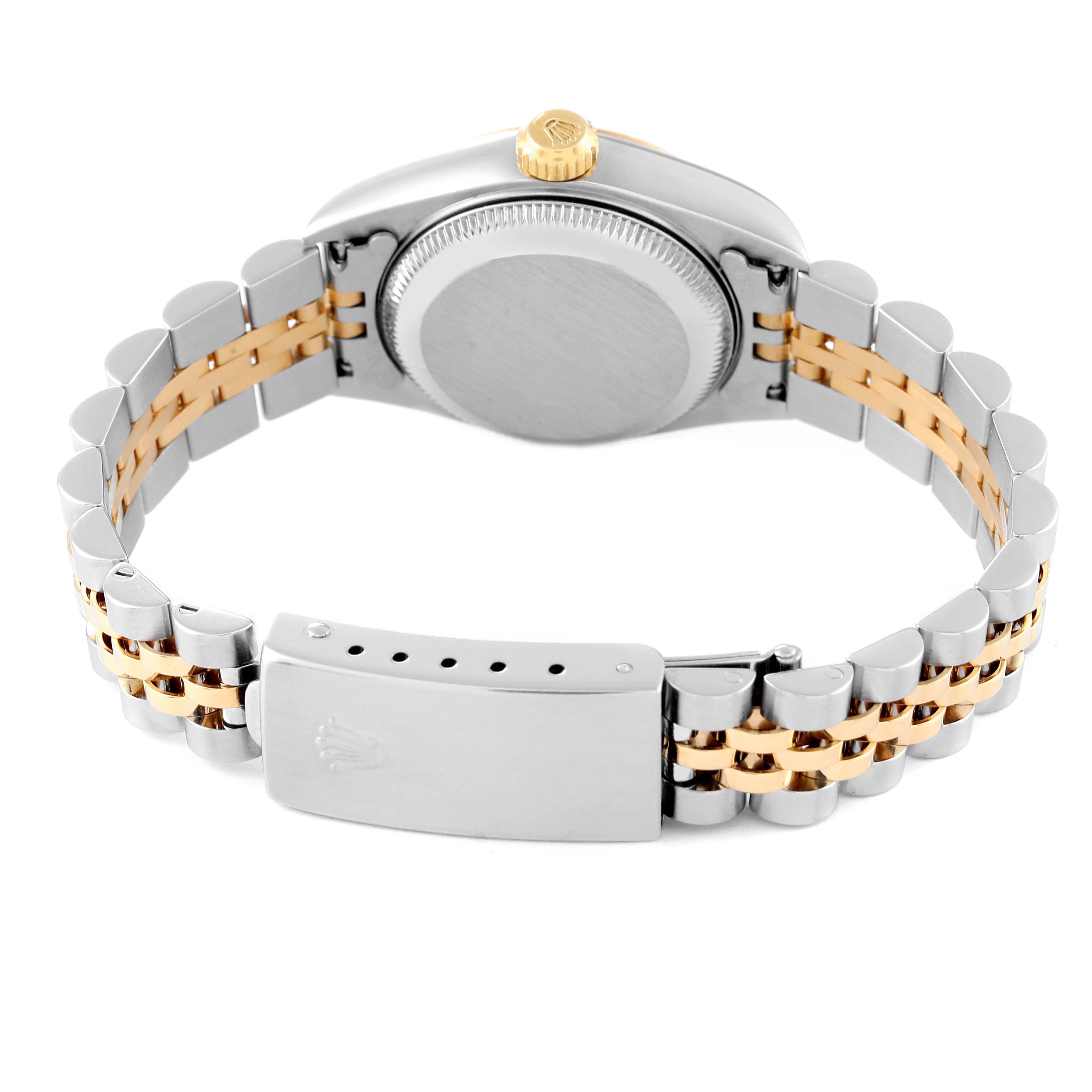 The image shows the back view of a Rolex Datejust 79173 Women's Steel and Gold (two tone) Silver Dial 79173 Women's Steel and Gold (two tone) Silver Dial watch, highlighting the case back, crown, and two-tone bracelet with clasp.