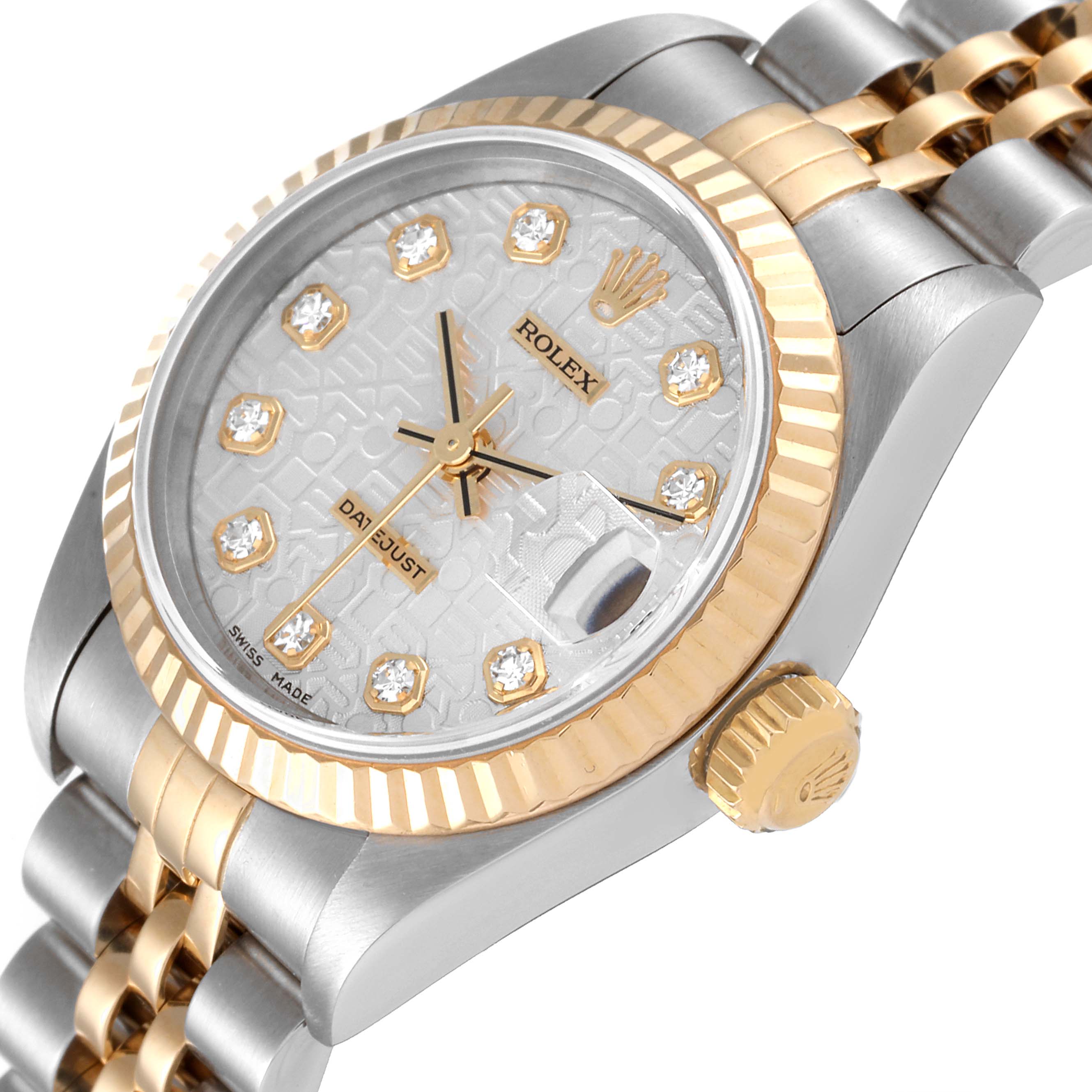 The image shows a close-up, side angle of a Datejust Rolex watch, highlighting the dial, bezel, crown, and part of the bracelet.