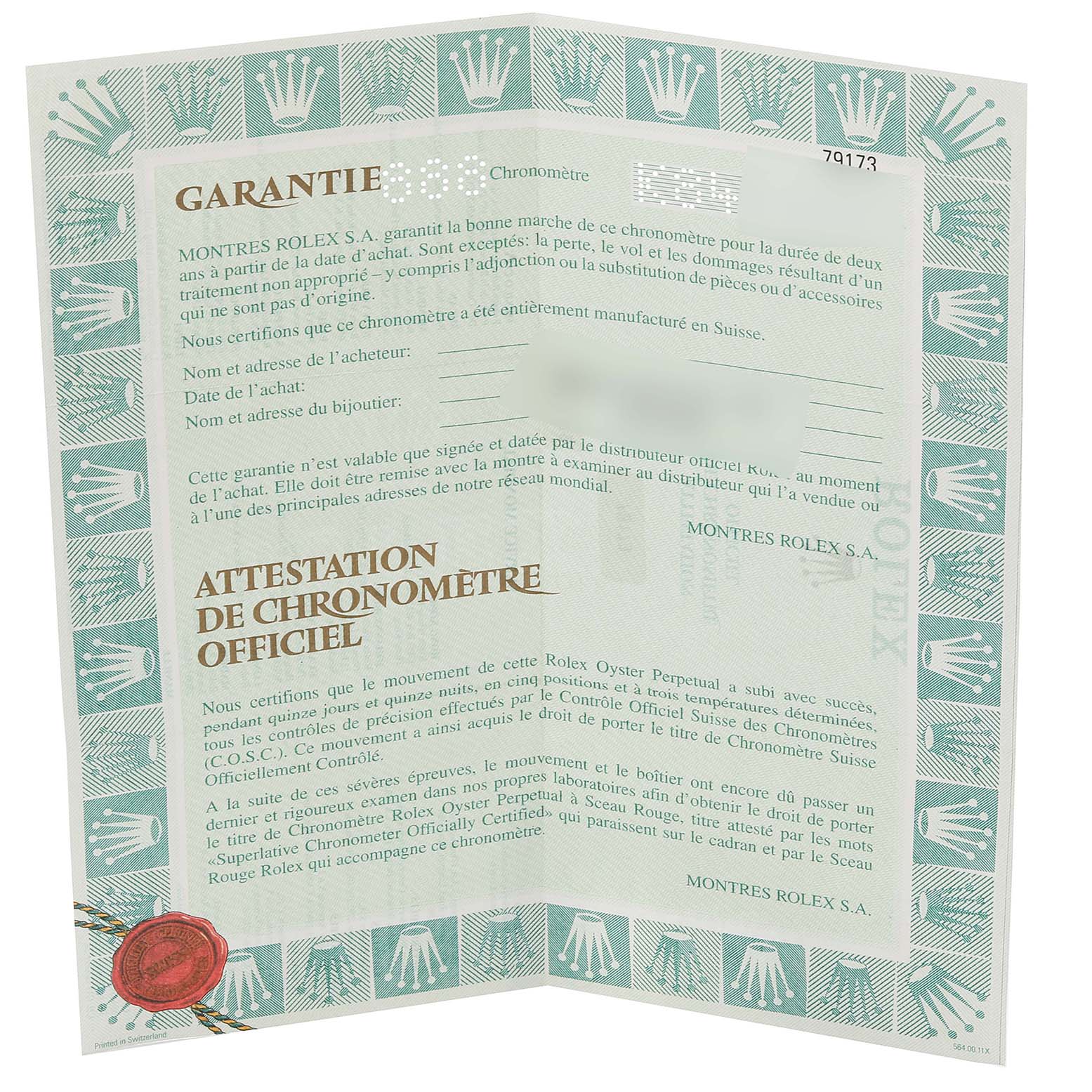 This image shows a guarantee and chronometer certificate for the Rolex Datejust 79173 Women's Steel and Gold (two tone) Silver Dial 79173 Women's Steel and Gold (two tone) Silver Dial model.