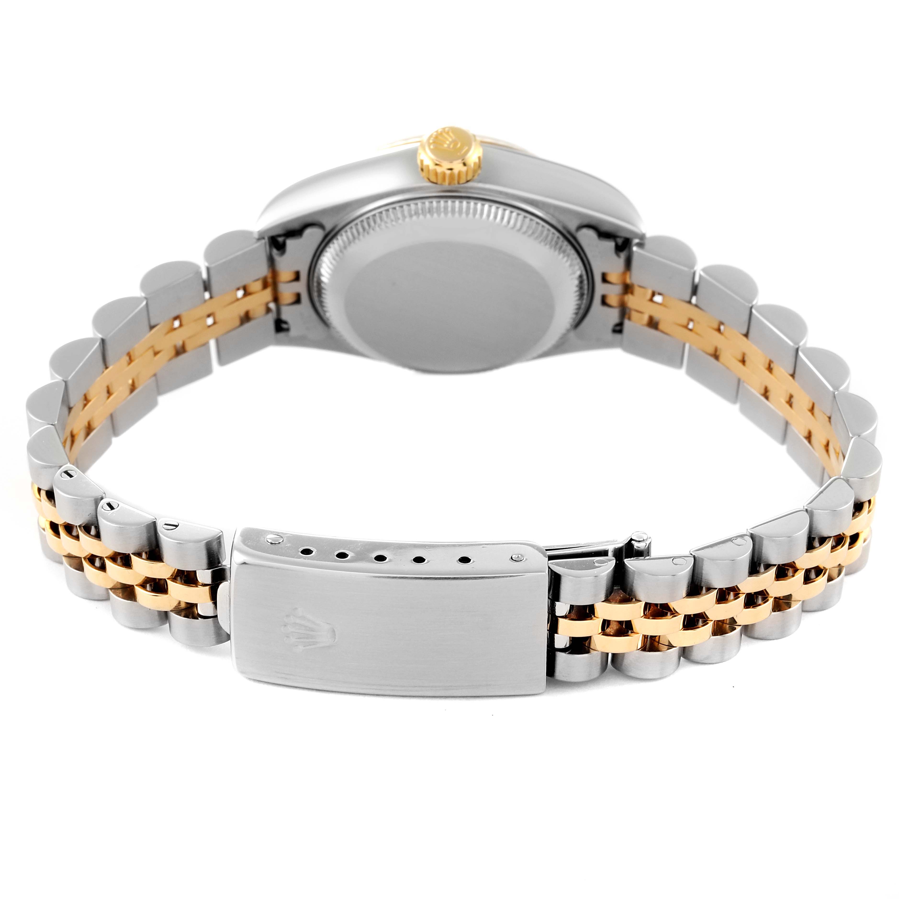 This image shows the back and bracelet of the Rolex Datejust 79173 Women's Steel and Gold (two tone) Silver Dial 79173 Women's Steel and Gold (two tone) Silver Dial, highlighting its stainless steel and gold Jubilee bracelet design.