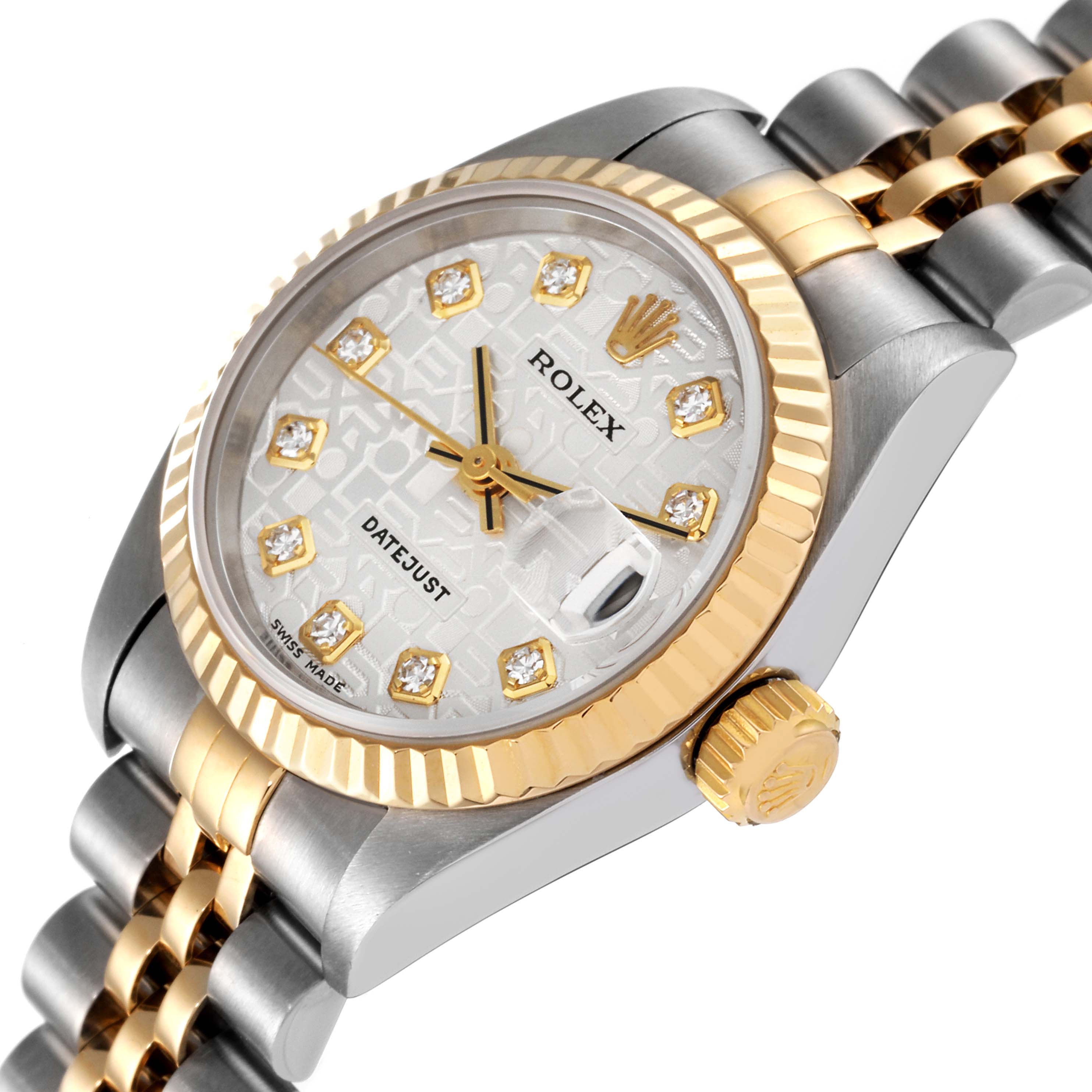 The Rolex Datejust 79173 Women's Steel and Gold (two tone) Silver Dial 79173 Women's Steel and Gold (two tone) Silver Dial model is shown in a close-up angle, highlighting the bezel, dial, crown, and bracelet.