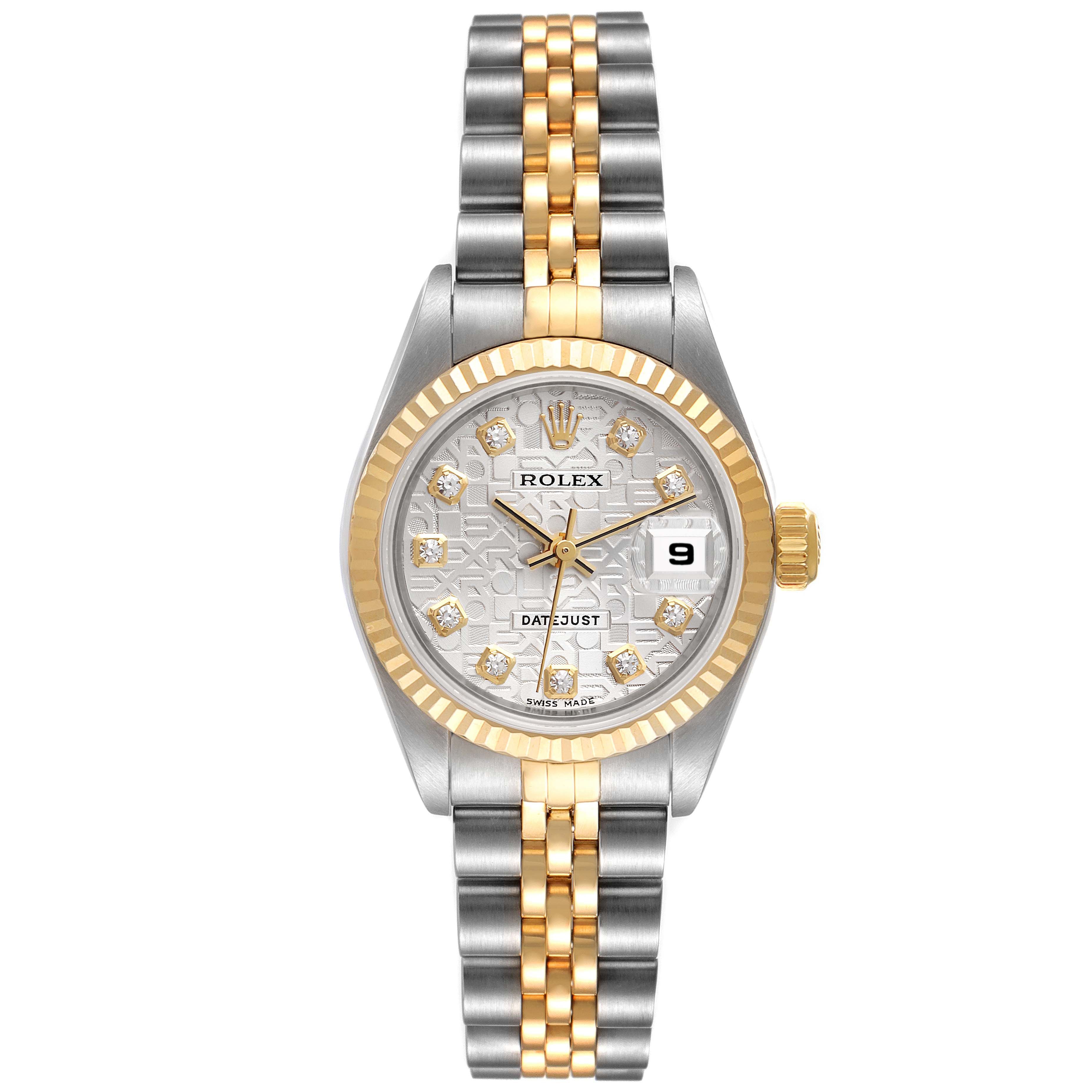 This image shows a Rolex Datejust 79173 Women's Steel and Gold (two tone) Silver Dial 79173 Women's Steel and Gold (two tone) Silver Dial watch from the front, exhibiting its two-tone bracelet, silver dial, gold fluted bezel, and date display.
