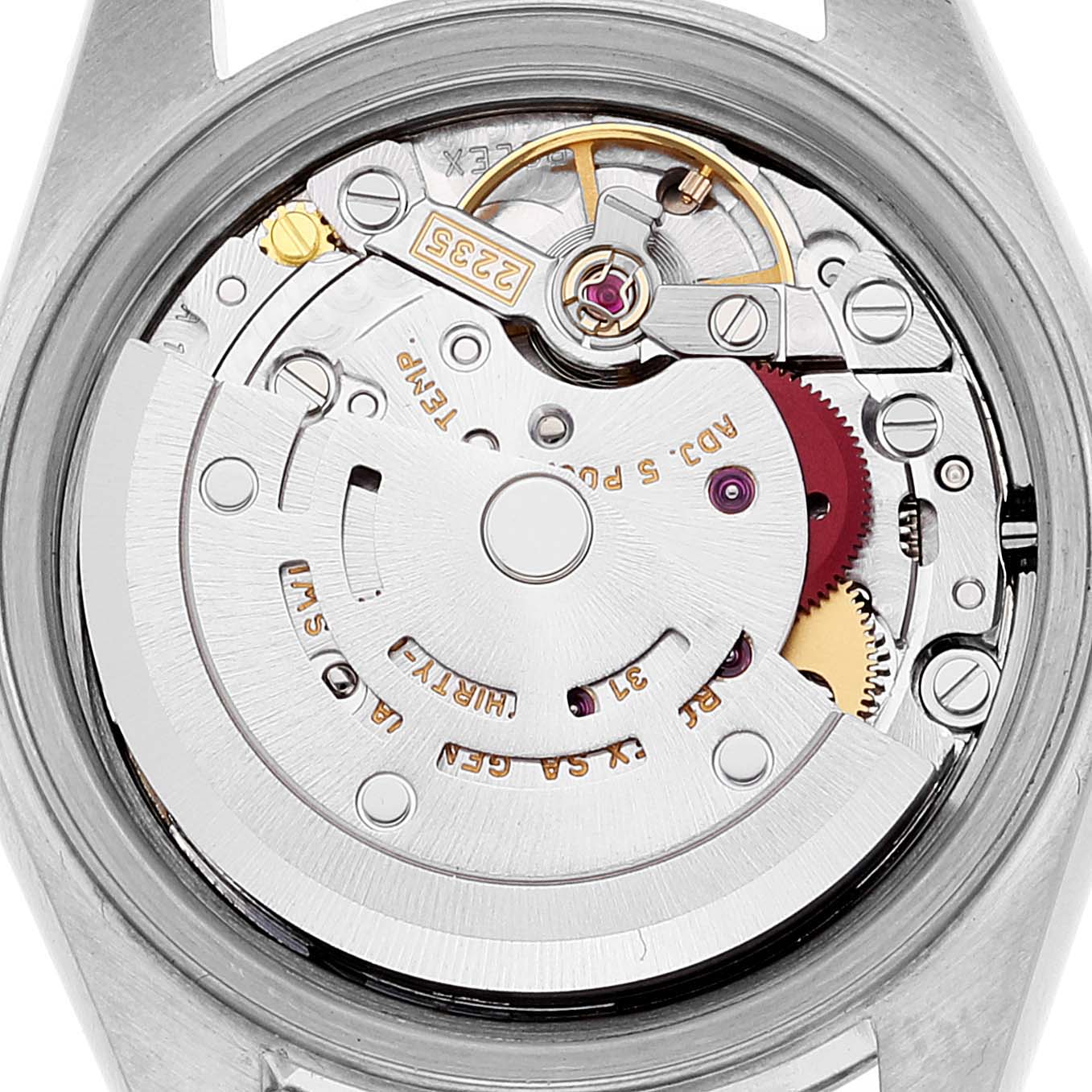 The image shows the internal mechanical movement of a Rolex Datejust 79173 Women's Steel and Gold (two tone) Silver Dial 79173 Women's Steel and Gold (two tone) Silver Dial watch.