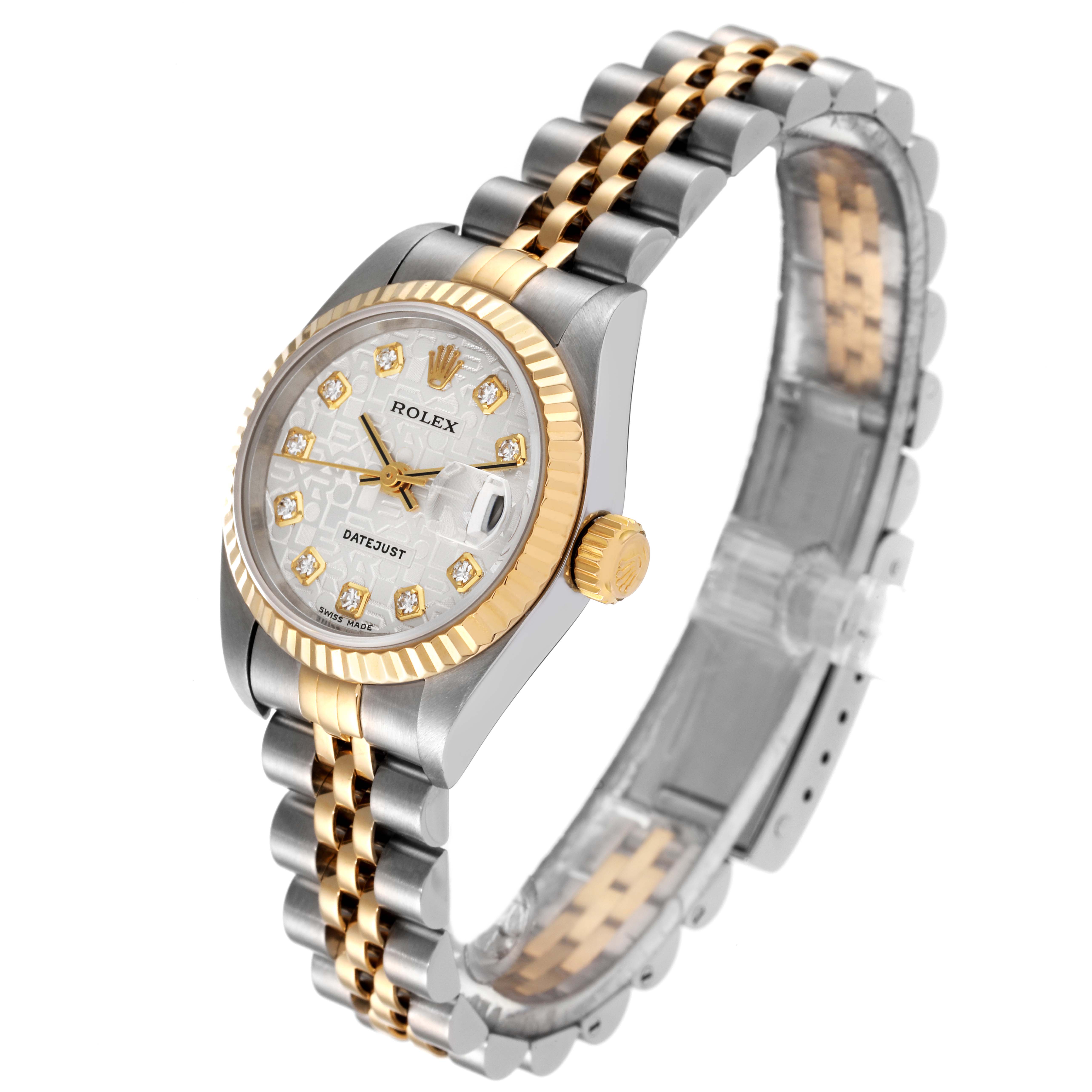 This image shows a side and top angle of a Rolex Datejust 79173 Women's Steel and Gold (two tone) Silver Dial 79173 Women's Steel and Gold (two tone) Silver Dial watch highlighting the dial, bezel, and two-tone bracelet.