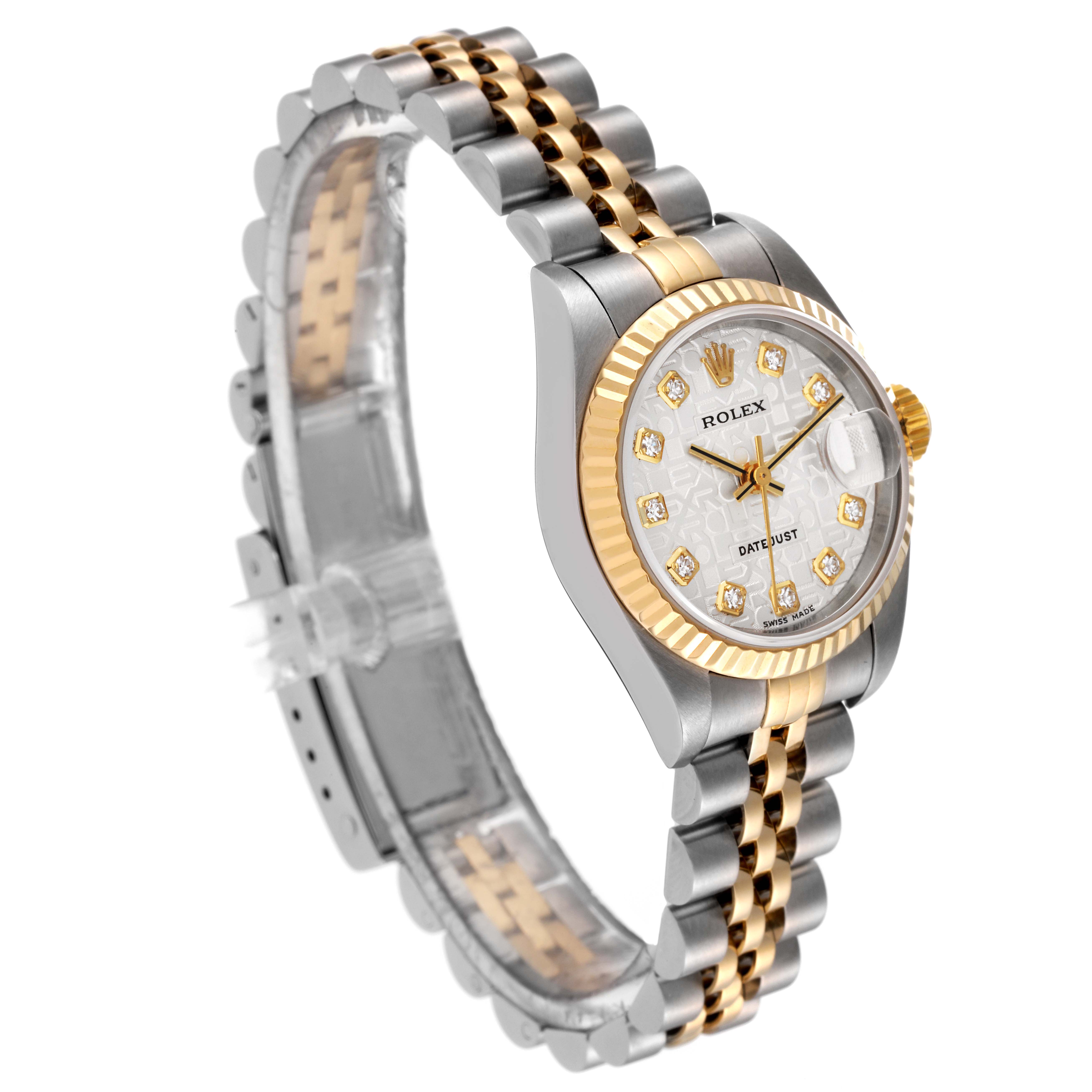 The Rolex Datejust 79173 Women's Steel and Gold (two tone) Silver Dial 79173 Women's Steel and Gold (two tone) Silver Dial watch is shown at a three-quarter angle, displaying its two-tone bracelet, fluted bezel, and diamond hour markers.
