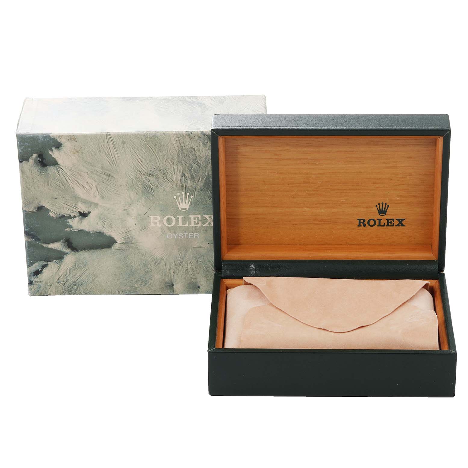 This image shows an open Rolex Vintage Collection 1601 Men's Steel and Gold (two tone) Champagne Dial 1601 Men's Steel and Gold (two tone) Champagne Dial watch box with an outer cover and an inner cushion.