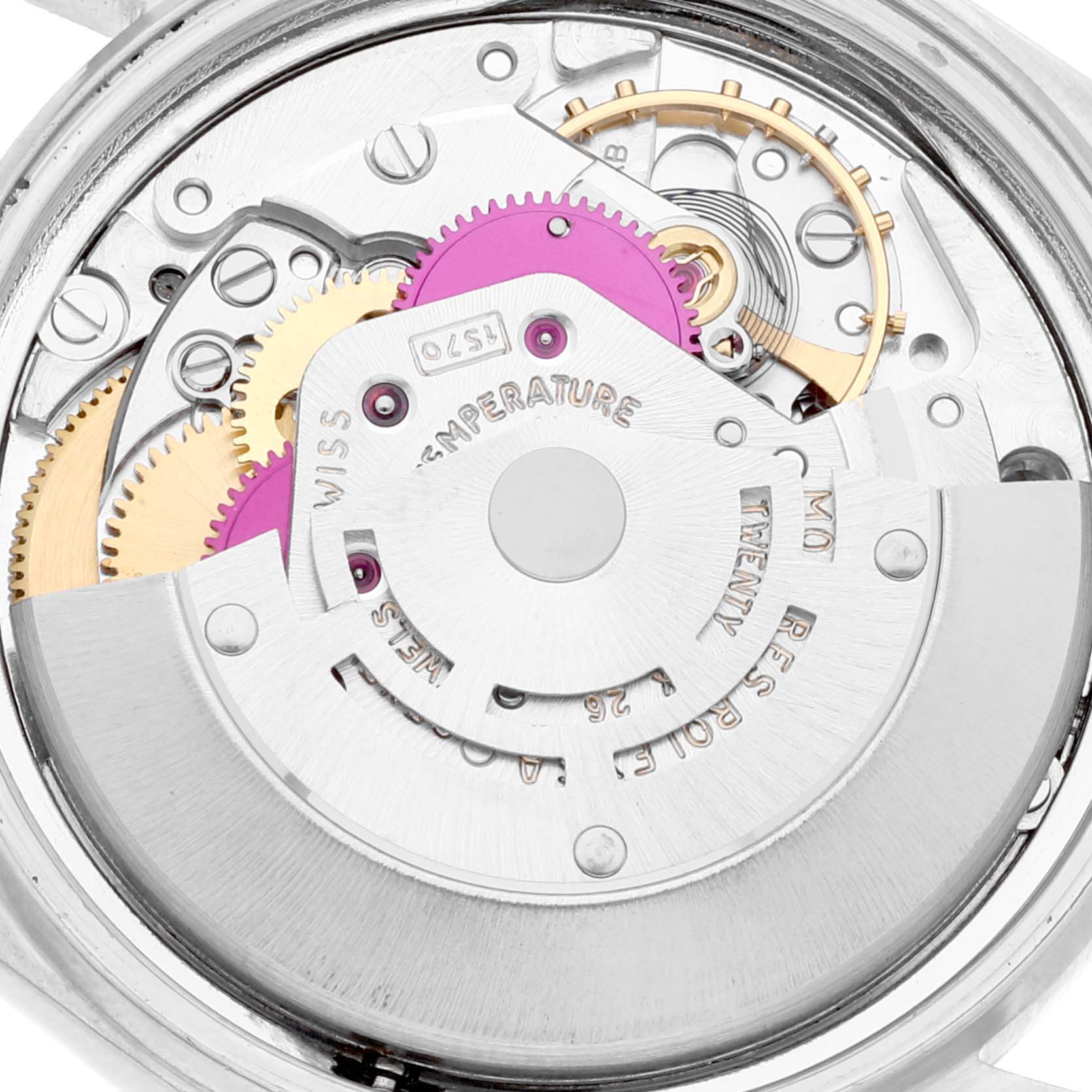 This image shows the intricate internal mechanical movement of a Rolex Vintage Collection 1601 Men's Steel and Gold (two tone) Champagne Dial 1601 Men's Steel and Gold (two tone) Champagne Dial model watch.