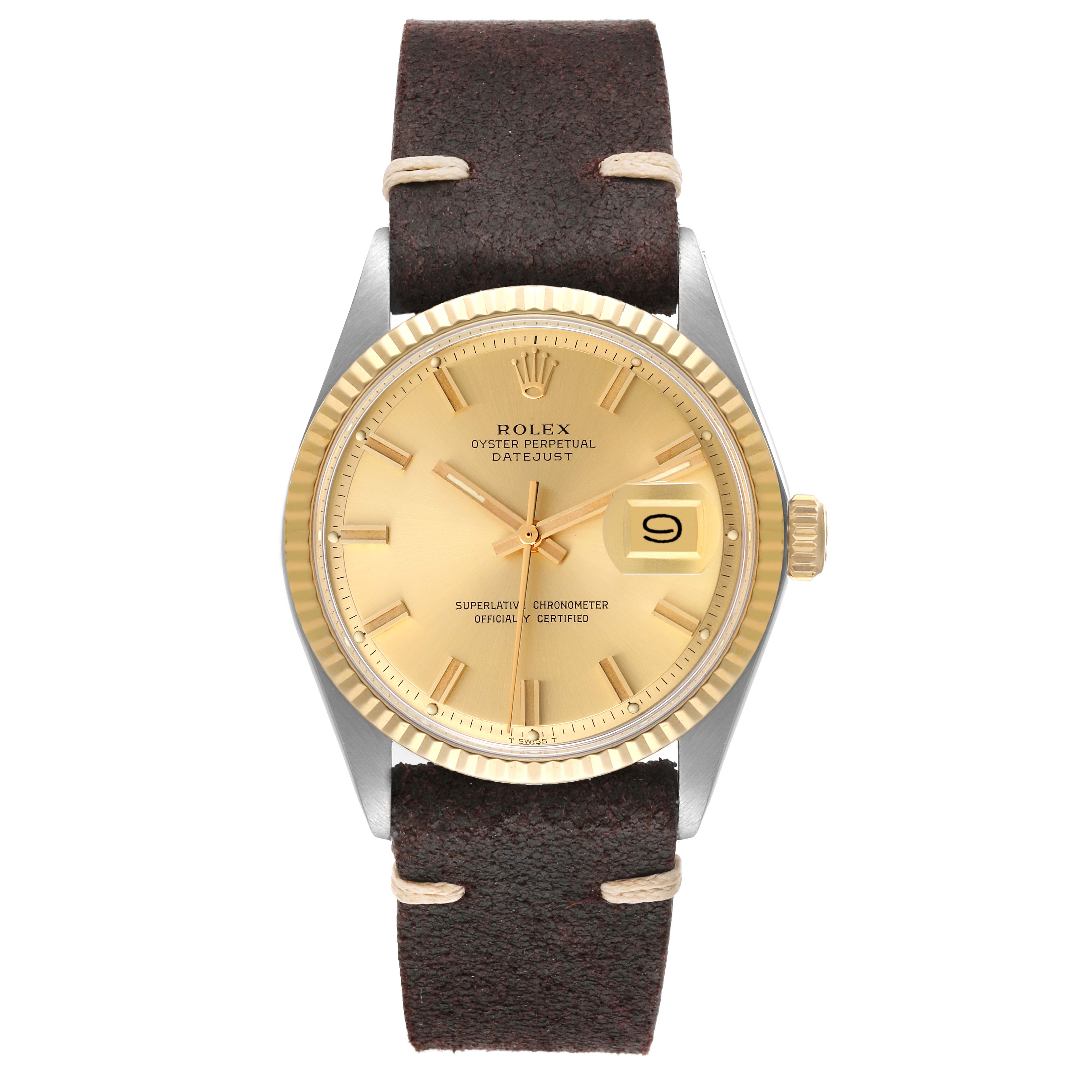 The image shows a front view of the Rolex Vintage Collection 1601 Men's Steel and Gold (two tone) Champagne Dial 1601 Men's Steel and Gold (two tone) Champagne Dial model watch with a gold dial, fluted bezel, and dark brown leather strap.