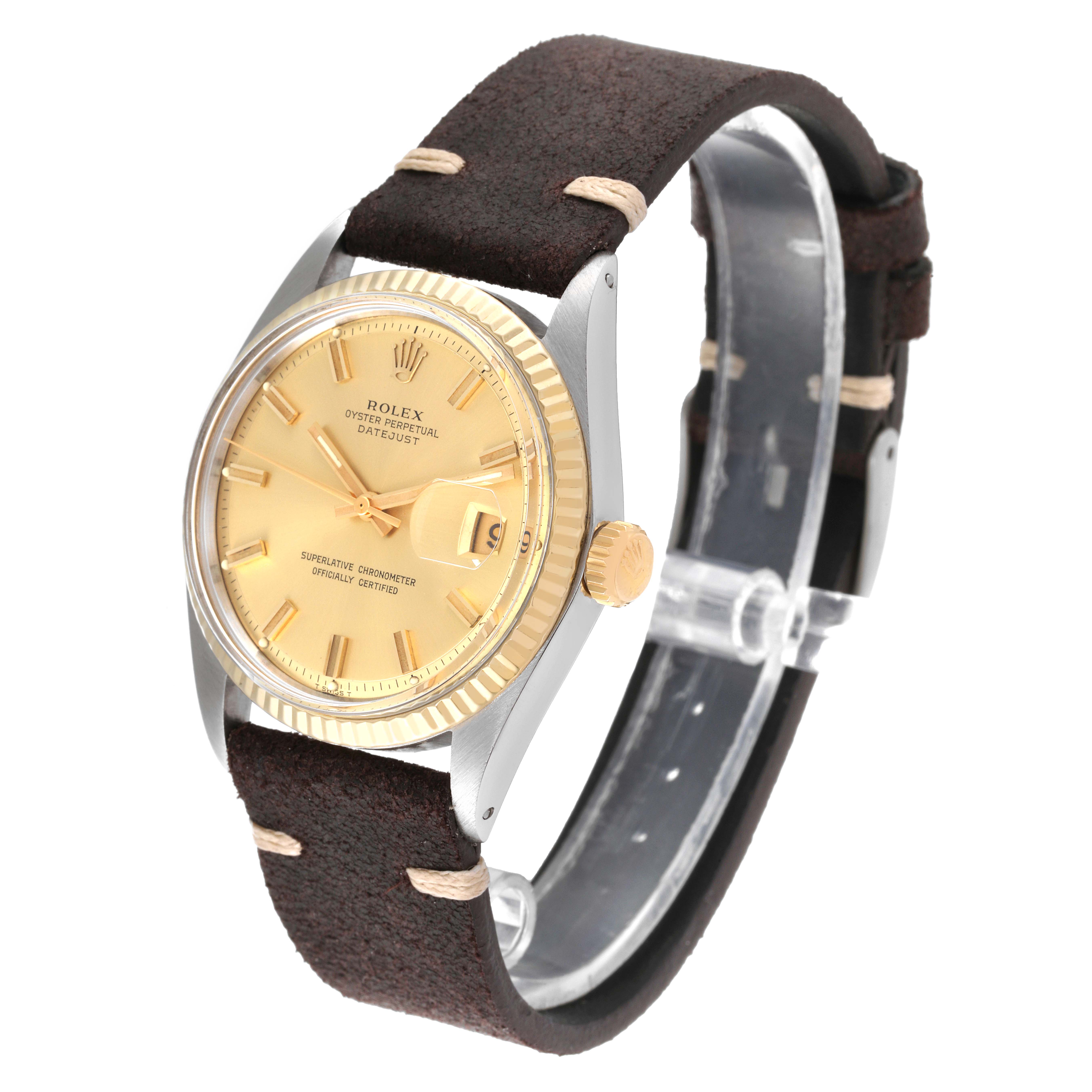 The Rolex Vintage Collection 1601 Men's Steel and Gold (two tone) Champagne Dial 1601 Men's Steel and Gold (two tone) Champagne Dial watch is shown from an angled side view, highlighting the face, crown, bezel, and strap of the timepiece.