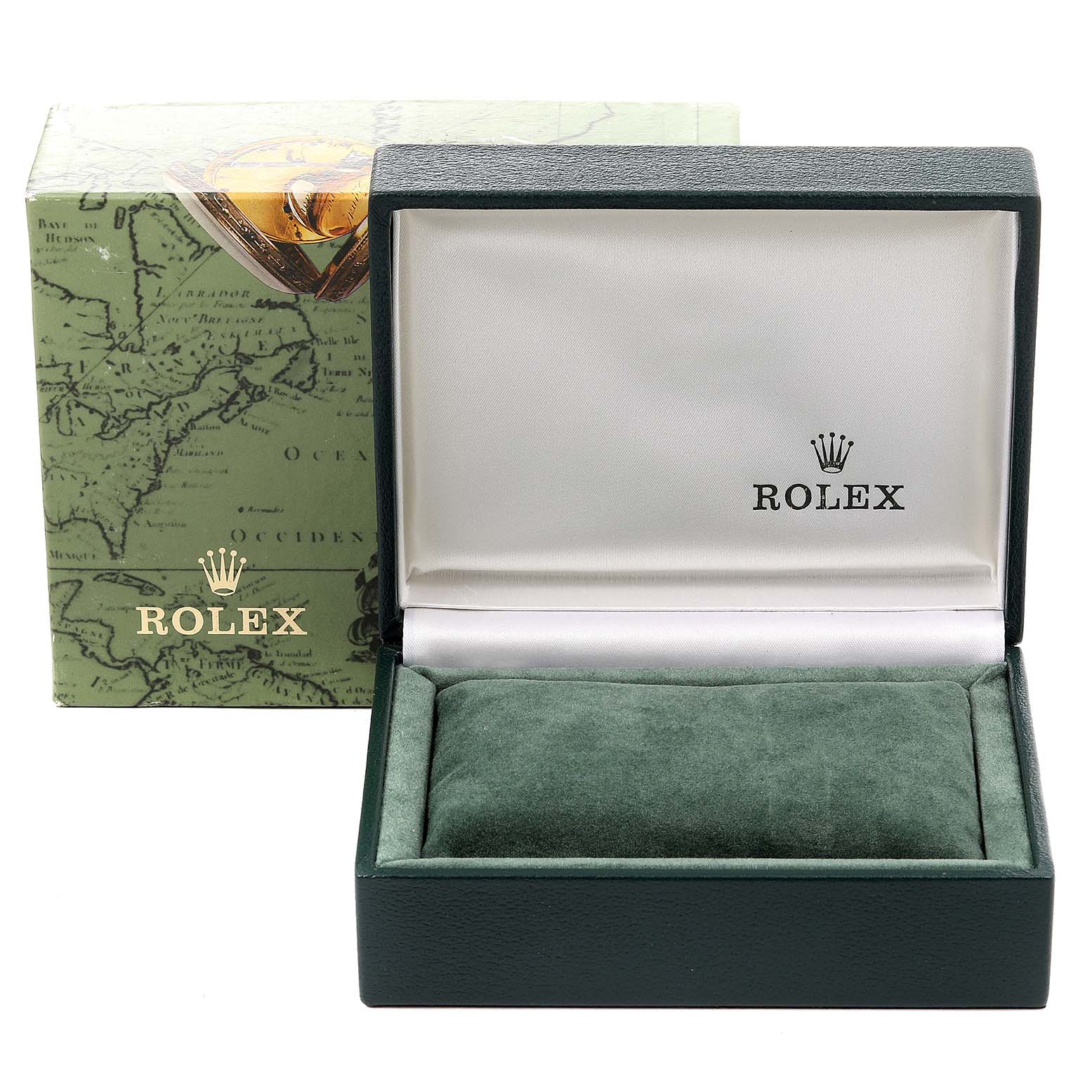 The image shows a green Rolex Datejust 69173 Women's Steel and Gold (two tone) Champagne Dial 69173 Women's Steel and Gold (two tone) Champagne Dial model watch box with a cushion inside, and the lid partially open.