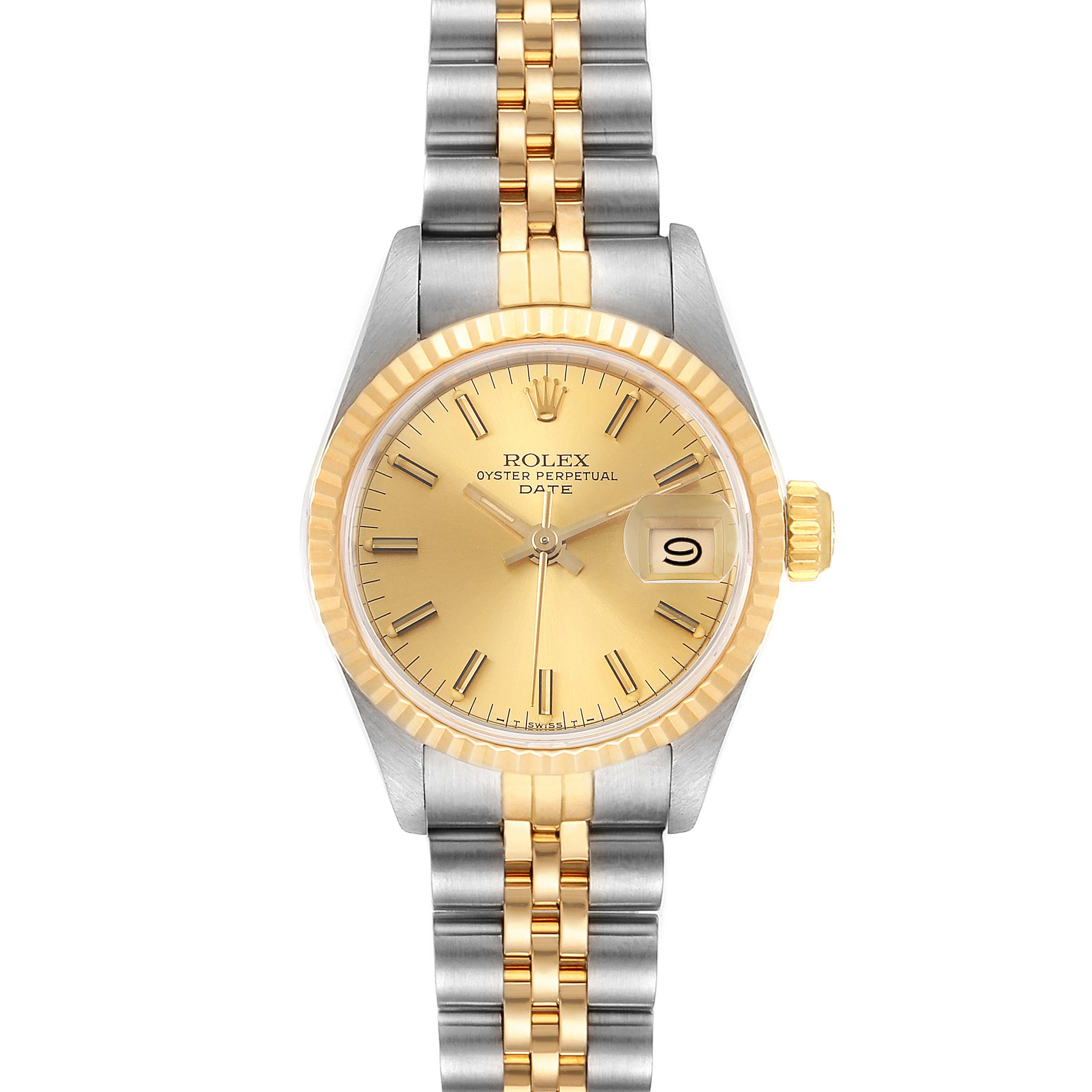 The Rolex Datejust 69173 Women's Steel and Gold (two tone) Champagne Dial 69173 Women's Steel and Gold (two tone) Champagne Dial watch is shown at a straight-on angle, displaying the face, bezel, crown, and bracelet.