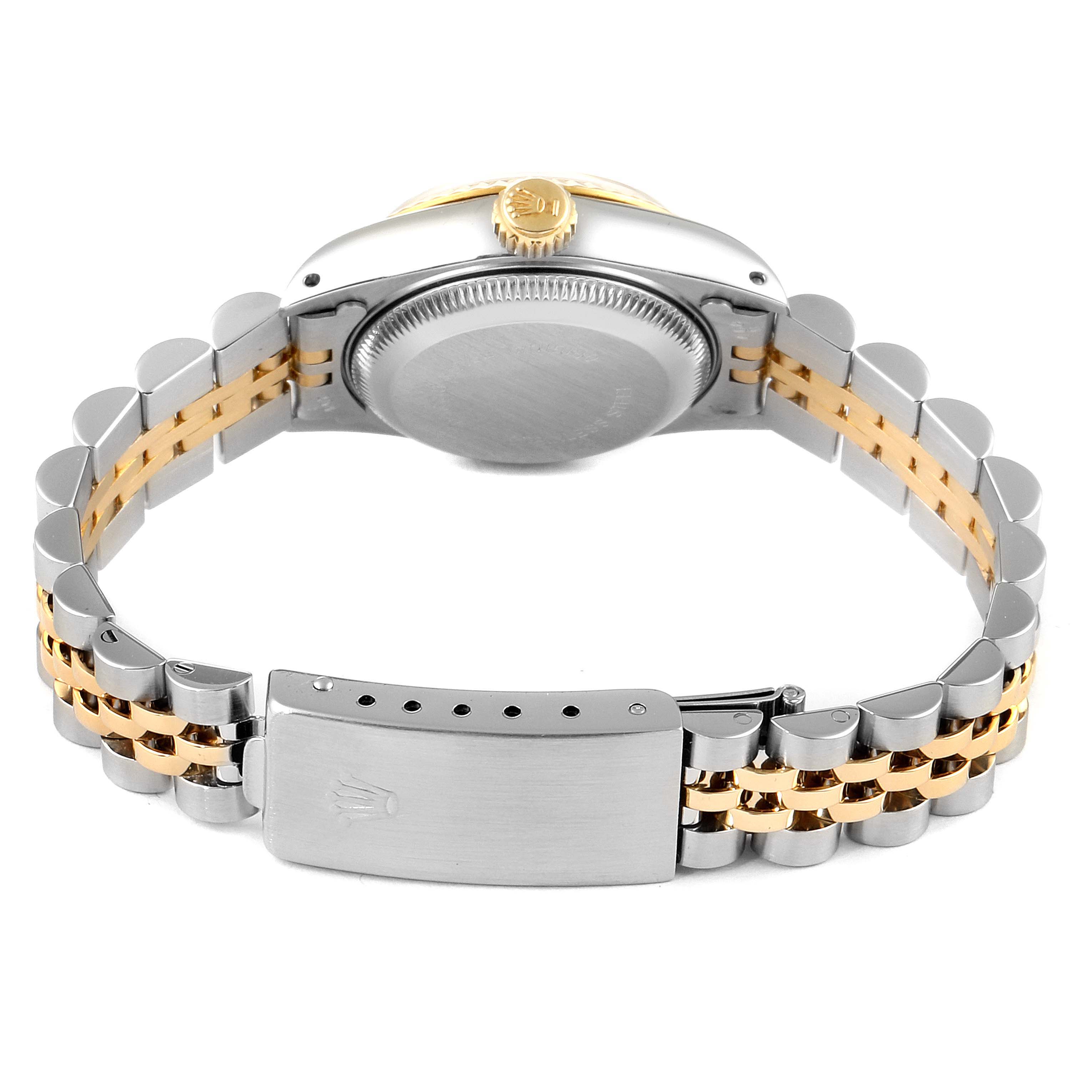 The image shows the back view of a Rolex Datejust 69173 Women's Steel and Gold (two tone) Champagne Dial 69173 Women's Steel and Gold (two tone) Champagne Dial watch, highlighting the bracelet, clasp, and case back.