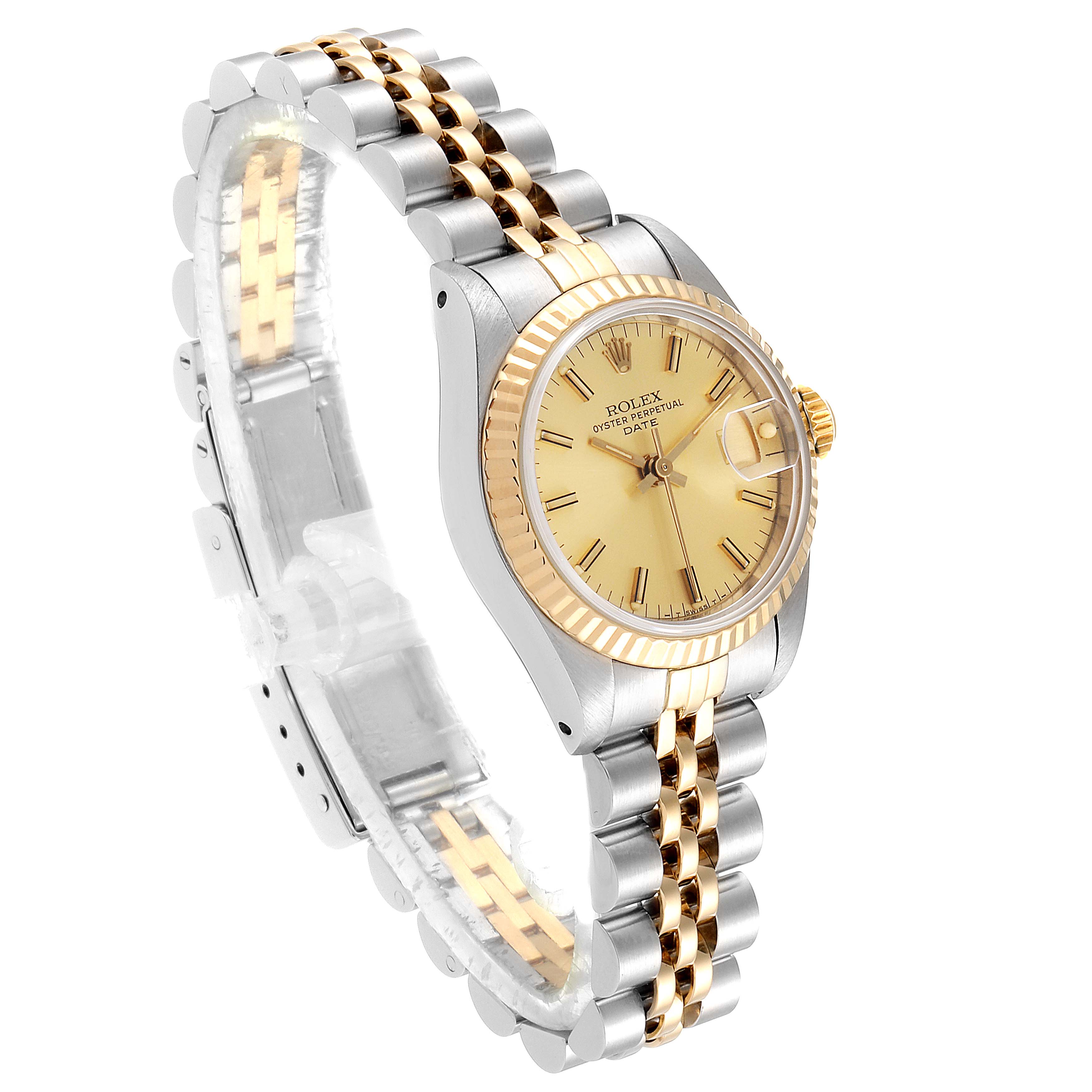 This Rolex Datejust 69173 Women's Steel and Gold (two tone) Champagne Dial 69173 Women's Steel and Gold (two tone) Champagne Dial watch is shown at a three-quarter angle, displaying the bezel, dial, and two-tone bracelet.