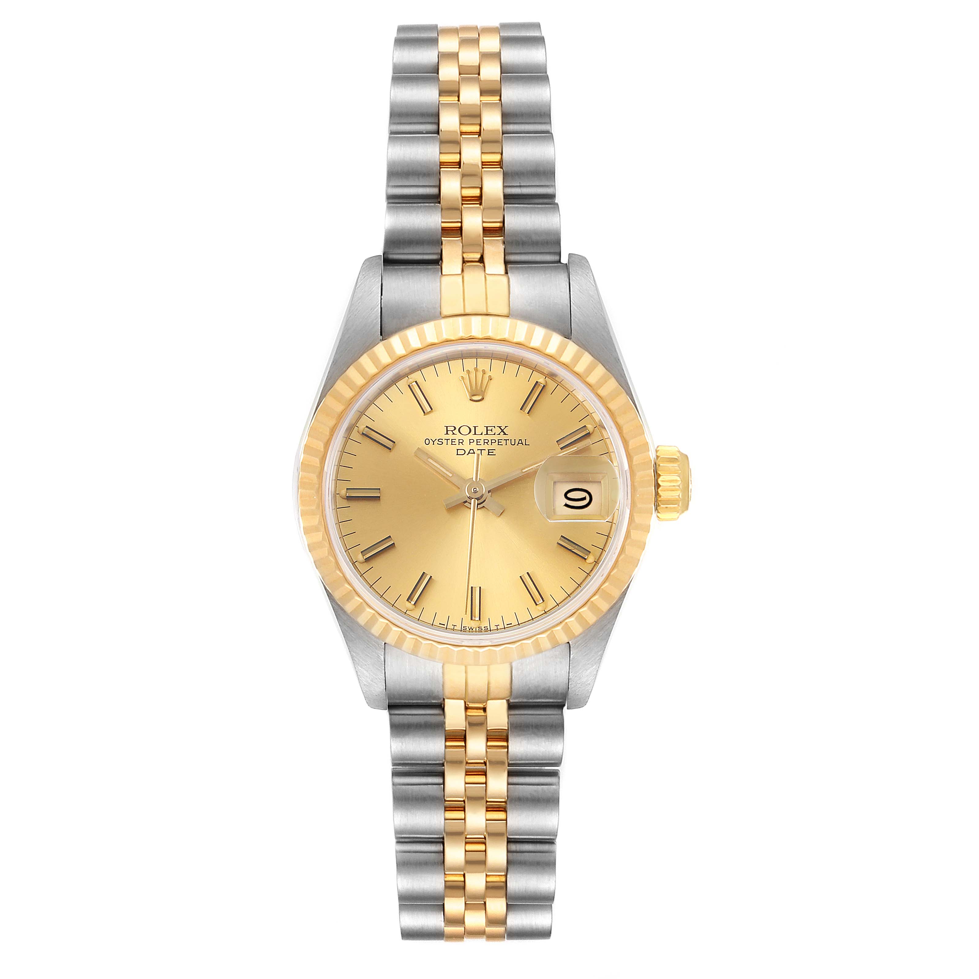 The Rolex Datejust 69173 Women's Steel and Gold (two tone) Champagne Dial 69173 Women's Steel and Gold (two tone) Champagne Dial model watch is shown from a front angle, displaying the watch face and two-tone bracelet.