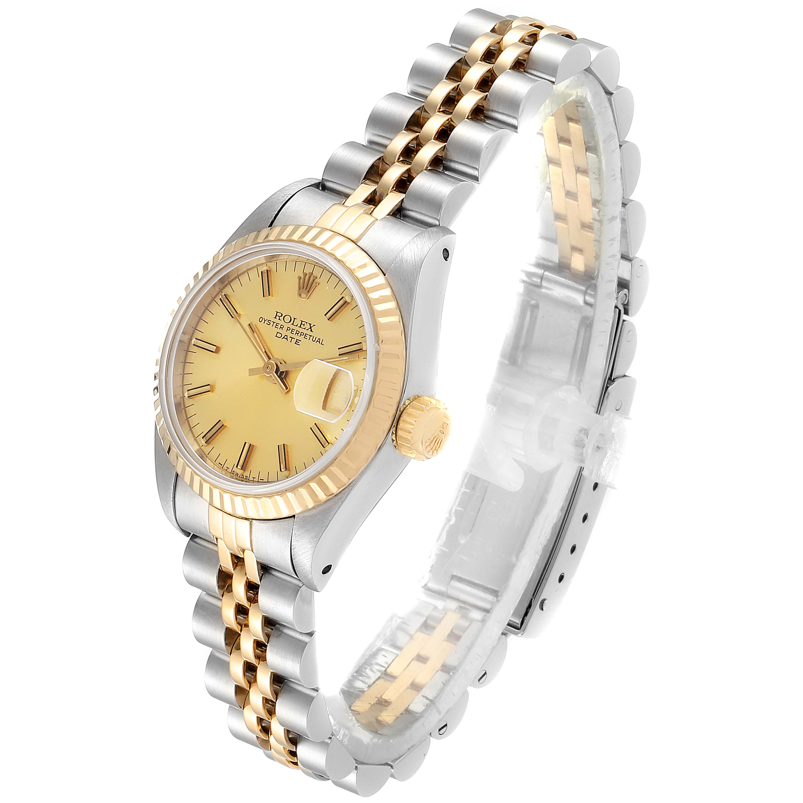 The image shows a Rolex Datejust 69173 Women's Steel and Gold (two tone) Champagne Dial 69173 Women's Steel and Gold (two tone) Champagne Dial watch from a right-side angle, highlighting the gold and silver bracelet, dial, and crown.