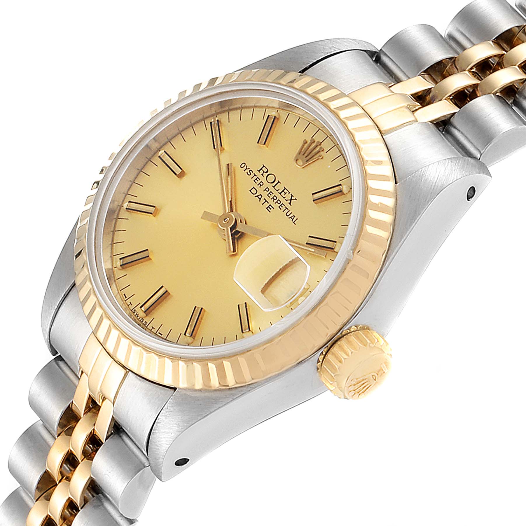 The image shows a side angle of a Rolex Datejust 69173 Women's Steel and Gold (two tone) Champagne Dial 69173 Women's Steel and Gold (two tone) Champagne Dial watch, displaying the dial, bezel, case, crown, and part of the bracelet.