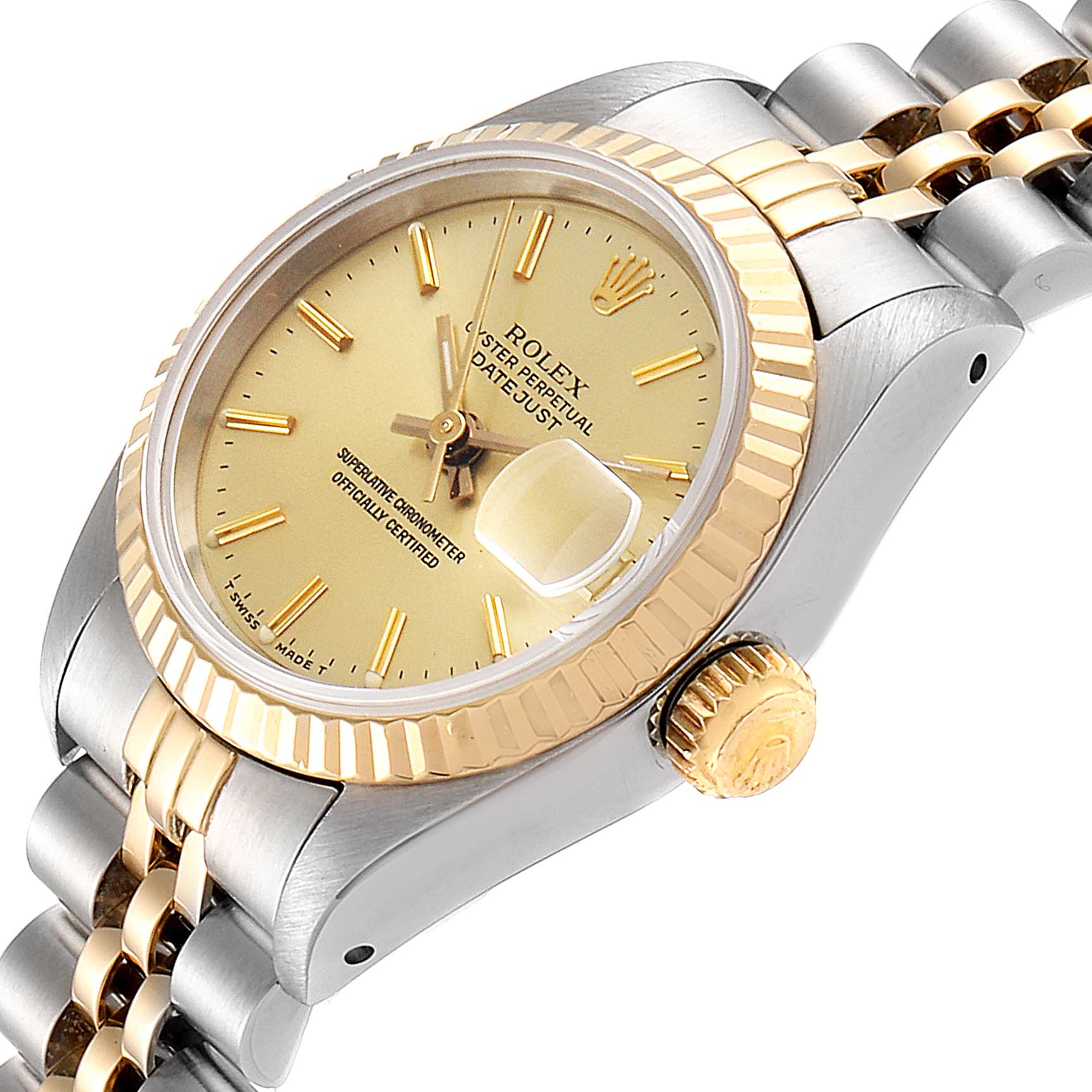 This image shows a close-up, slightly tilted view of a Rolex Datejust 69173 Women
s Steel and Gold (two tone) Champagne Dial 69173 Women
s Steel and Gold (two tone) Champagne Dial watch, highlighting the dial, bezel, crown, and bracelet.