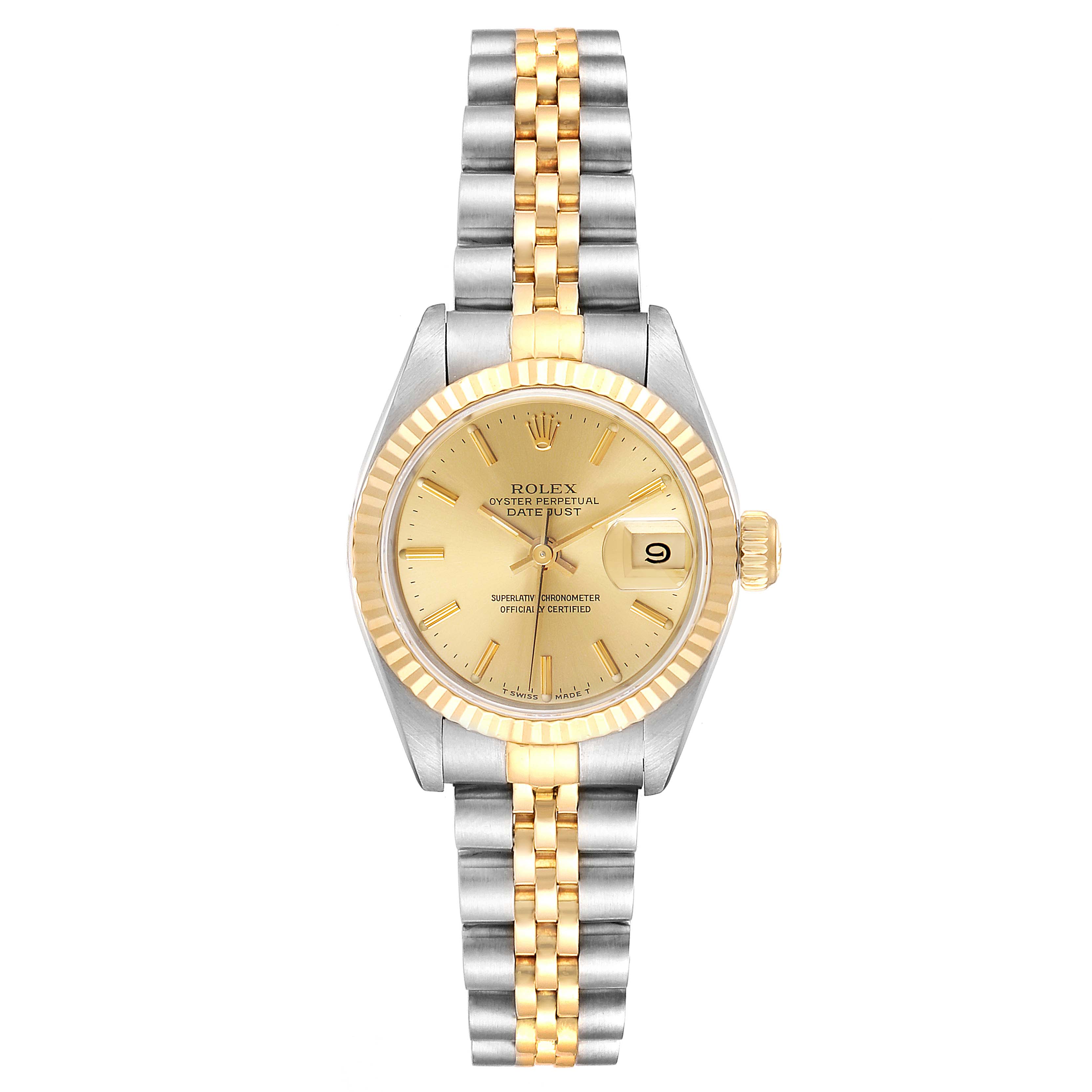 The image shows a Rolex Datejust 69173 Women
s Steel and Gold (two tone) Champagne Dial 69173 Women
s Steel and Gold (two tone) Champagne Dial watch from a top-down angle, highlighting its dial, bracelet, and bezel.