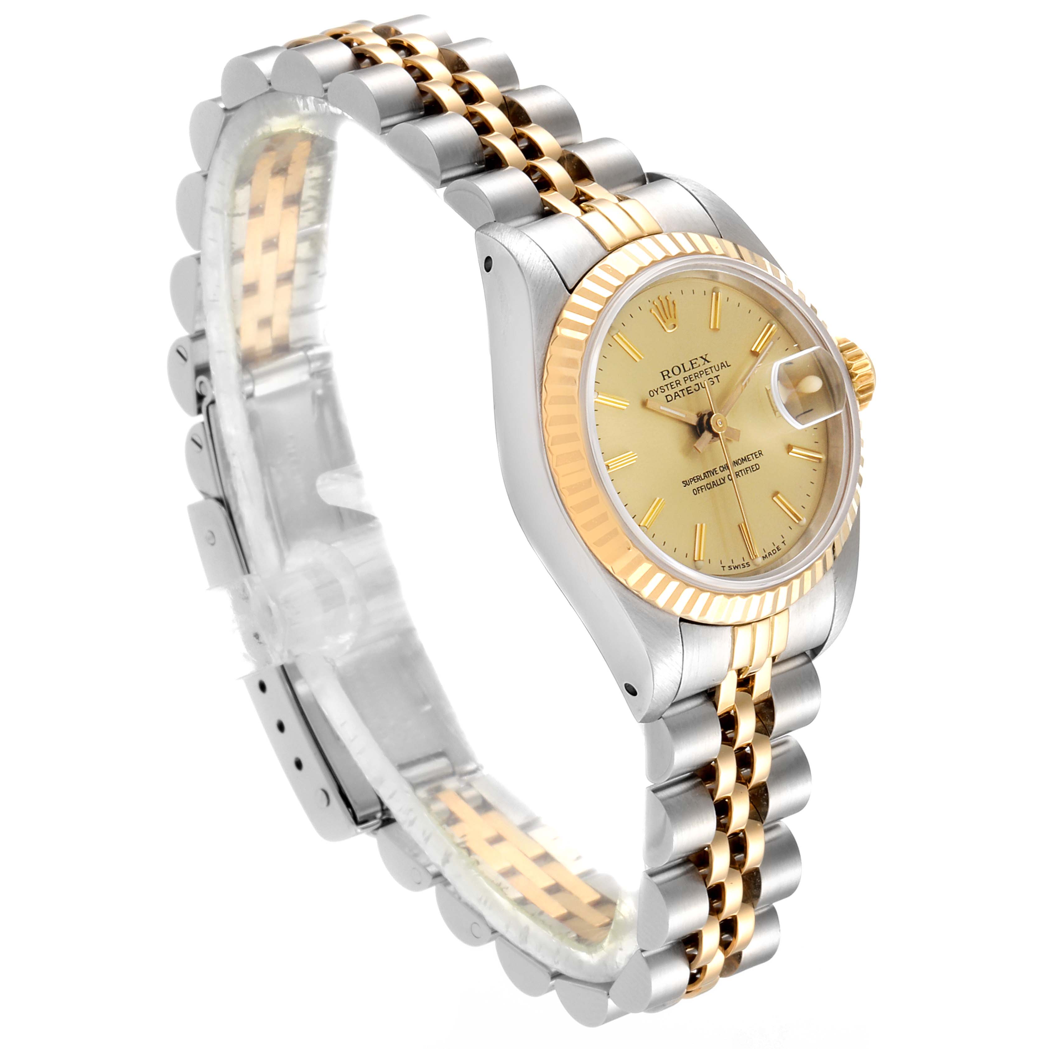 The Rolex Datejust 69173 Women
s Steel and Gold (two tone) Champagne Dial 69173 Women
s Steel and Gold (two tone) Champagne Dial watch is shown from a side angle, displaying the dial, bezel, crown, and part of the bracelet.